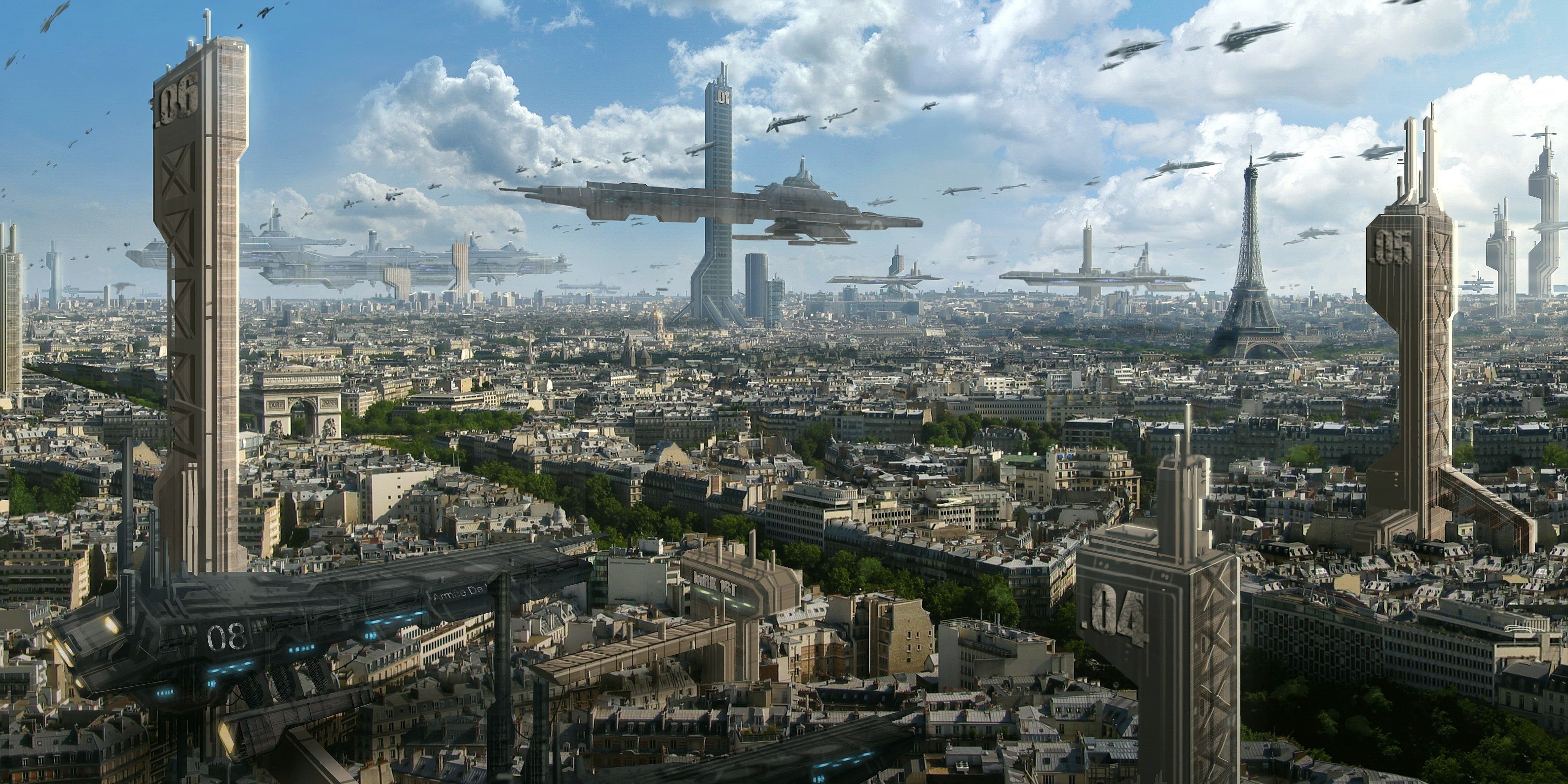 Futuristic Paris with flying vehicles and iconic landmarks HD Wallpaper