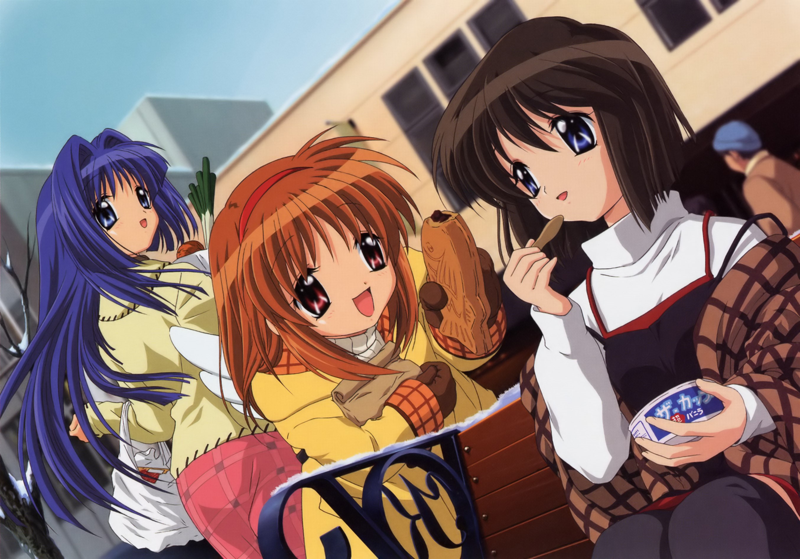 Kanon: Three girls eating snacks outdoors HD Wallpaper