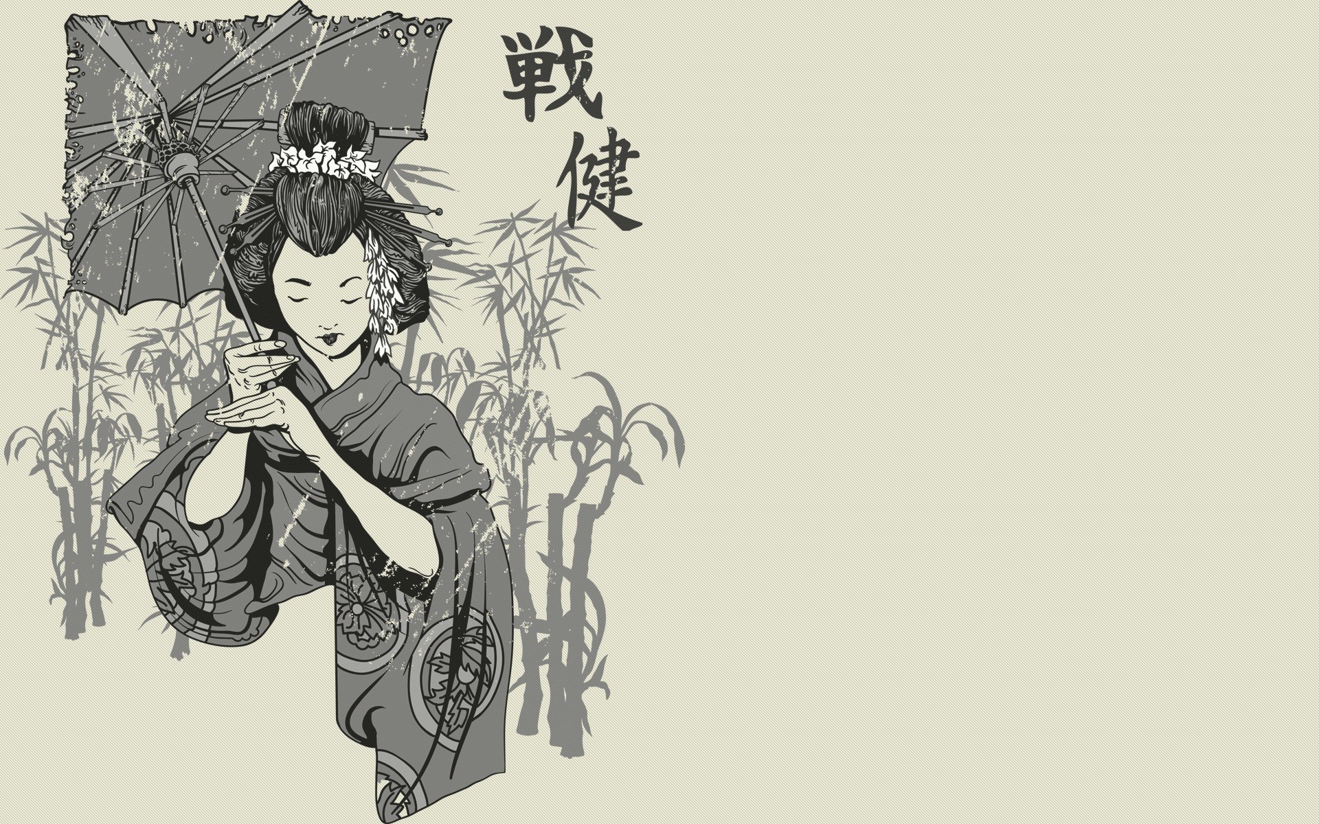 Geisha with umbrella and bamboo HD Wallpaper