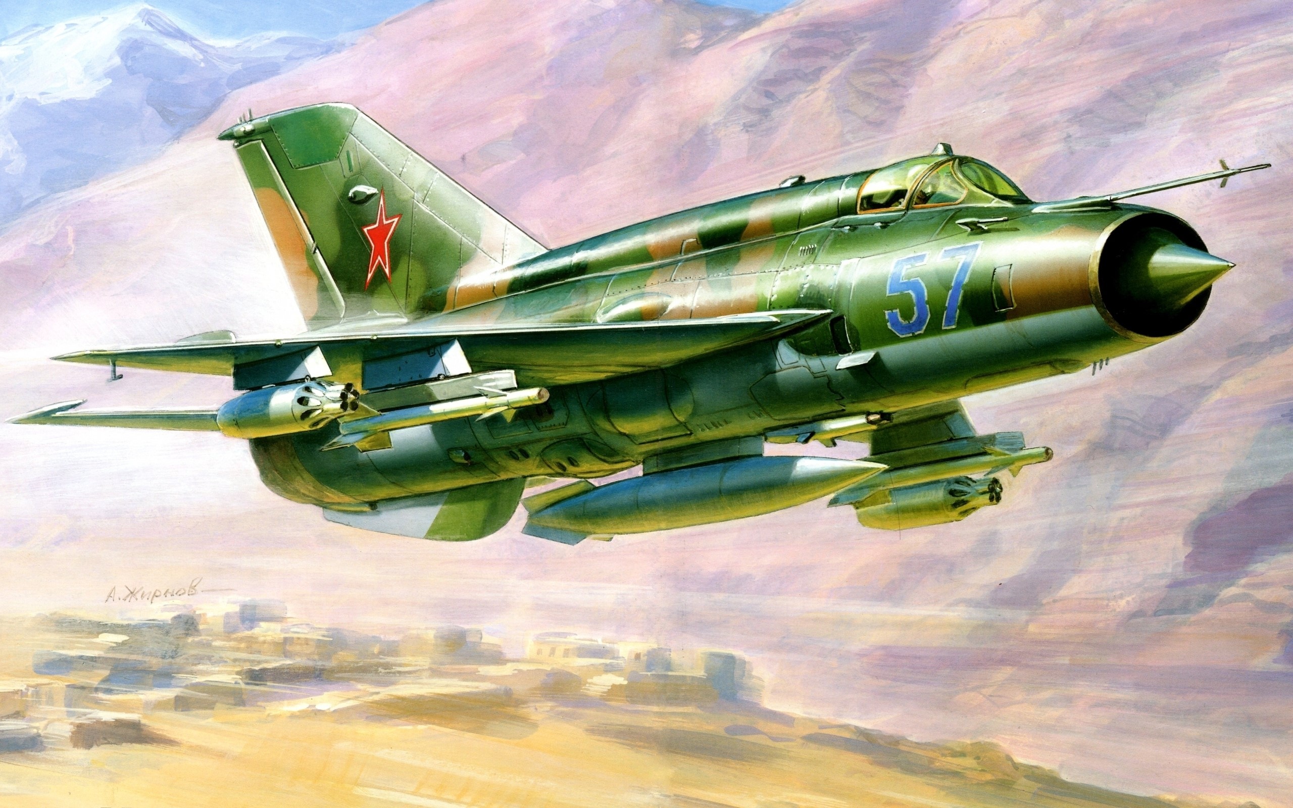 Green Soviet MiG-21 Fighter Jet in Flight HD Wallpaper