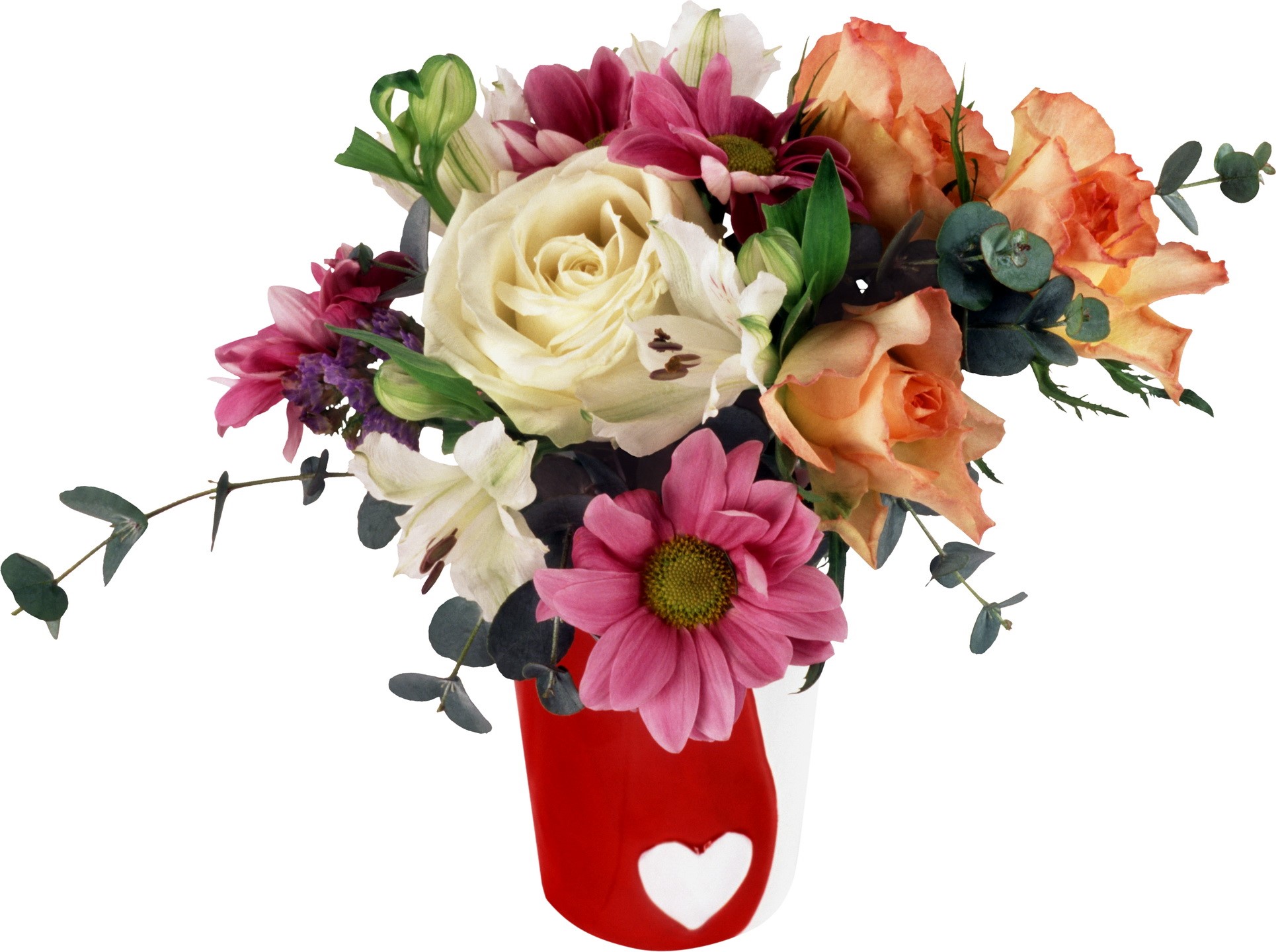 Bouquet of Roses and Daisies in a Heart-Decorated Vase HD Wallpaper