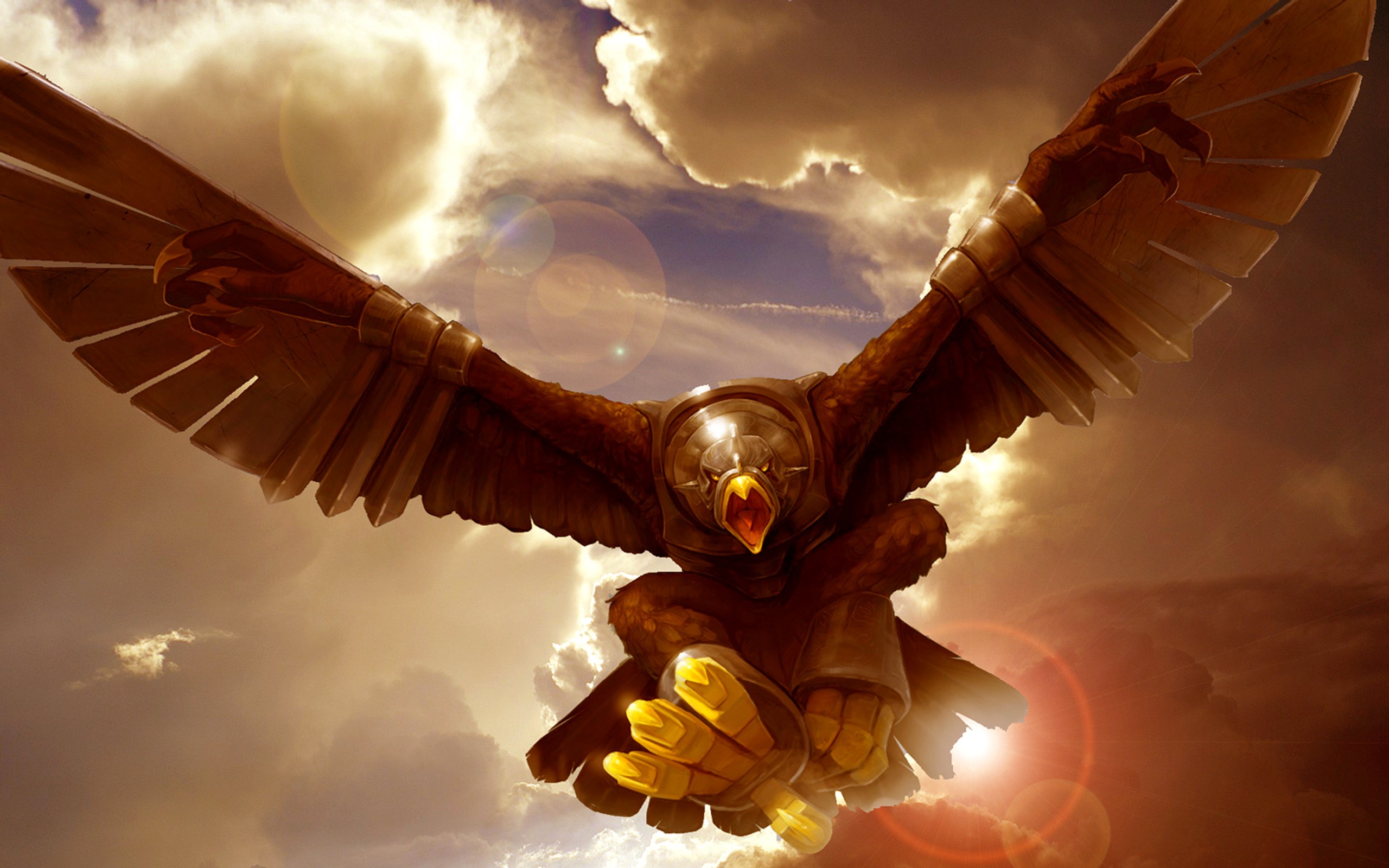 An armored eagle creature flying in the sky HD Wallpaper