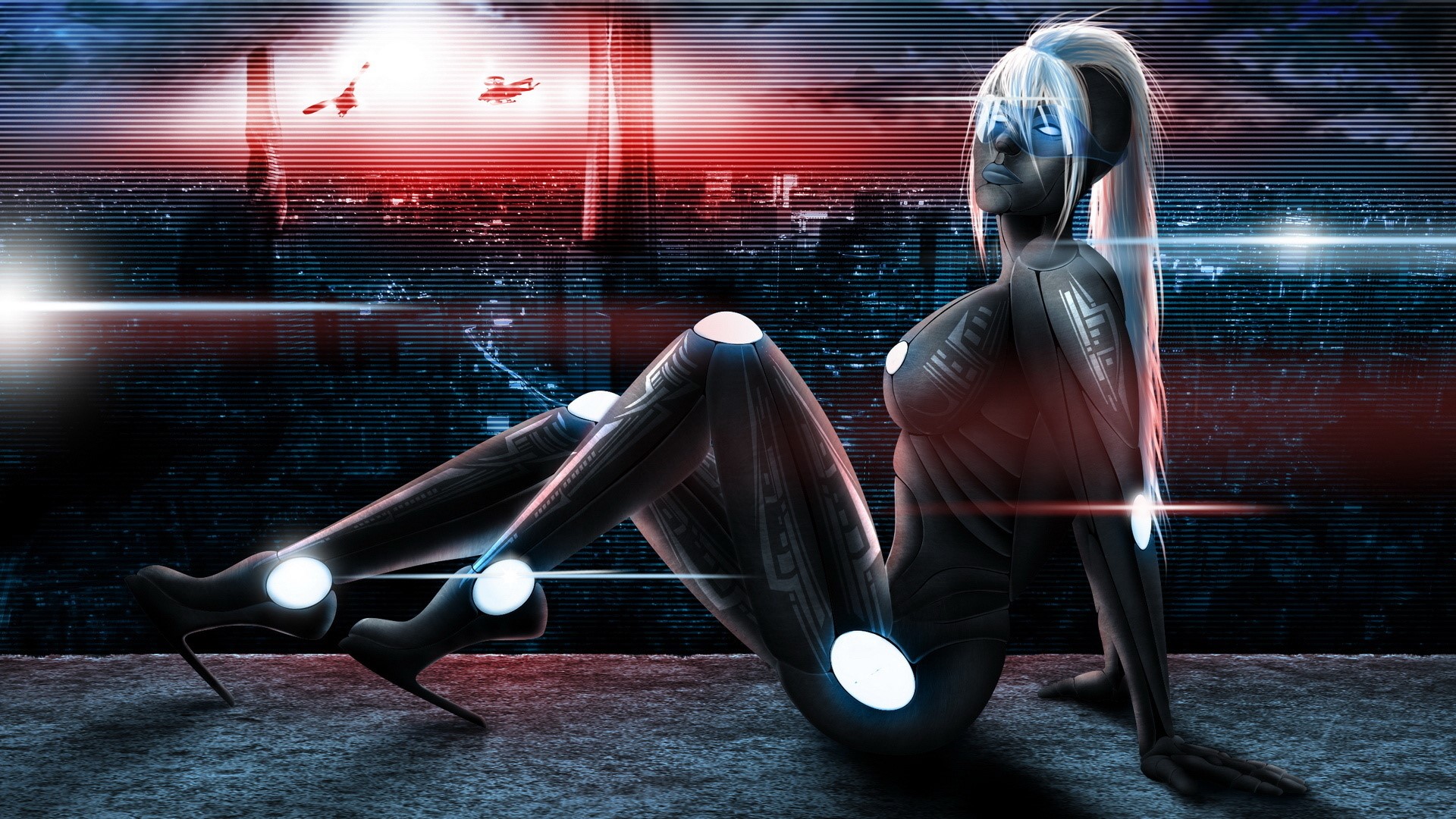 Cyborg woman sitting in a futuristic city HD Wallpaper