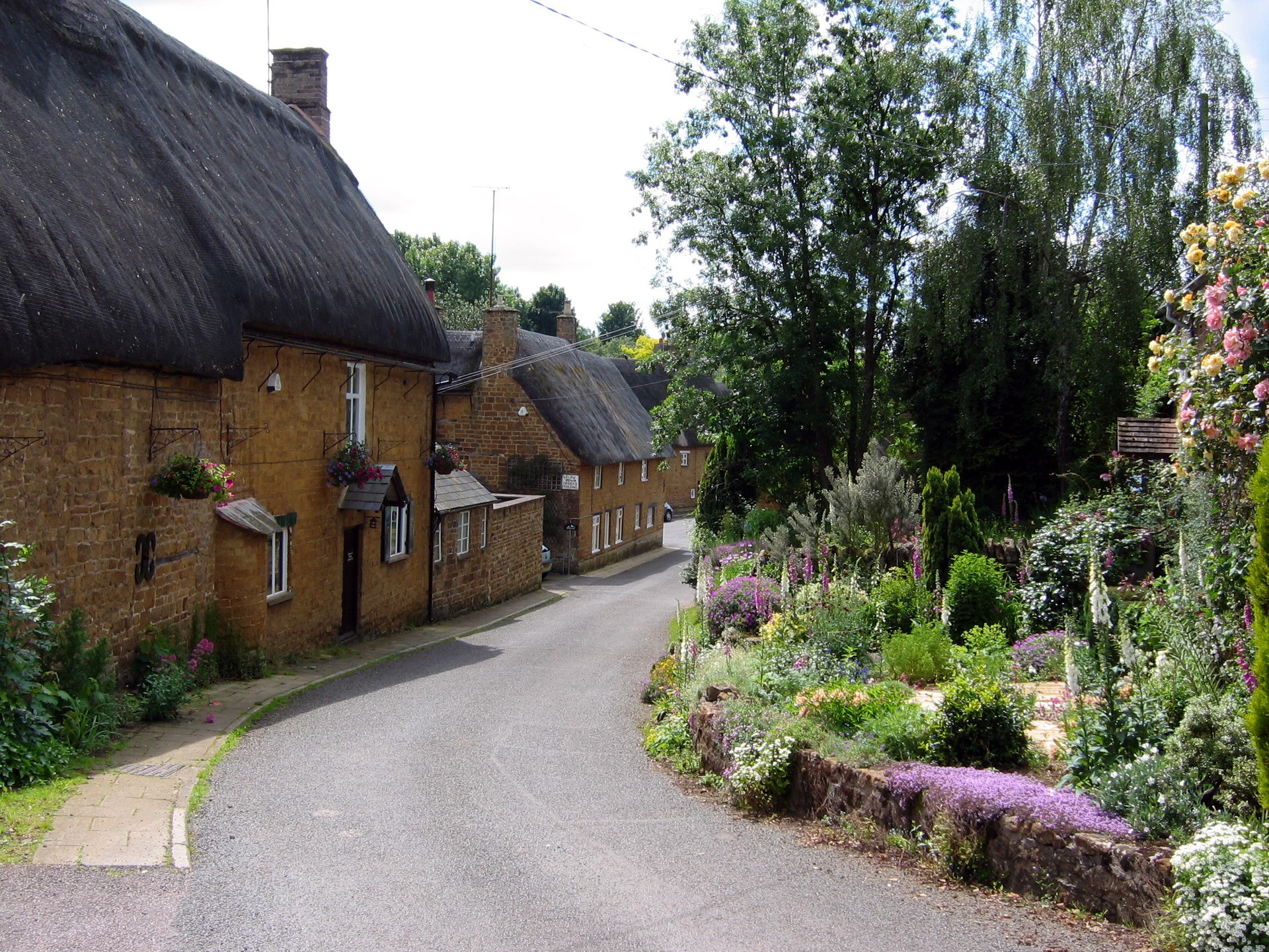 Thatched roof cottages on a village street in the United Kingdom HD Wallpaper