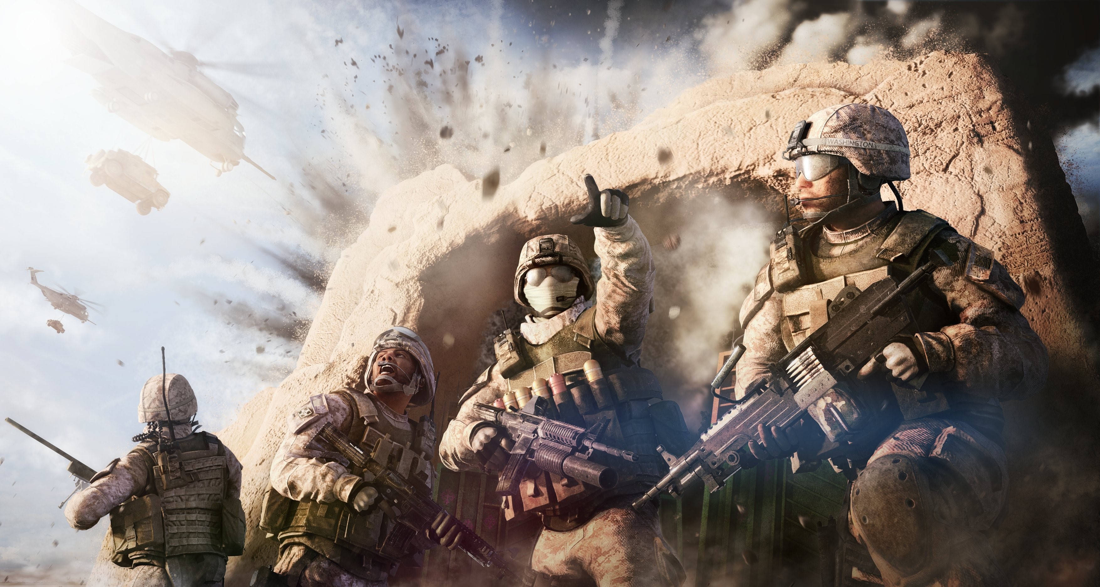 Soldiers in combat with helicopters and explosions HD Wallpaper