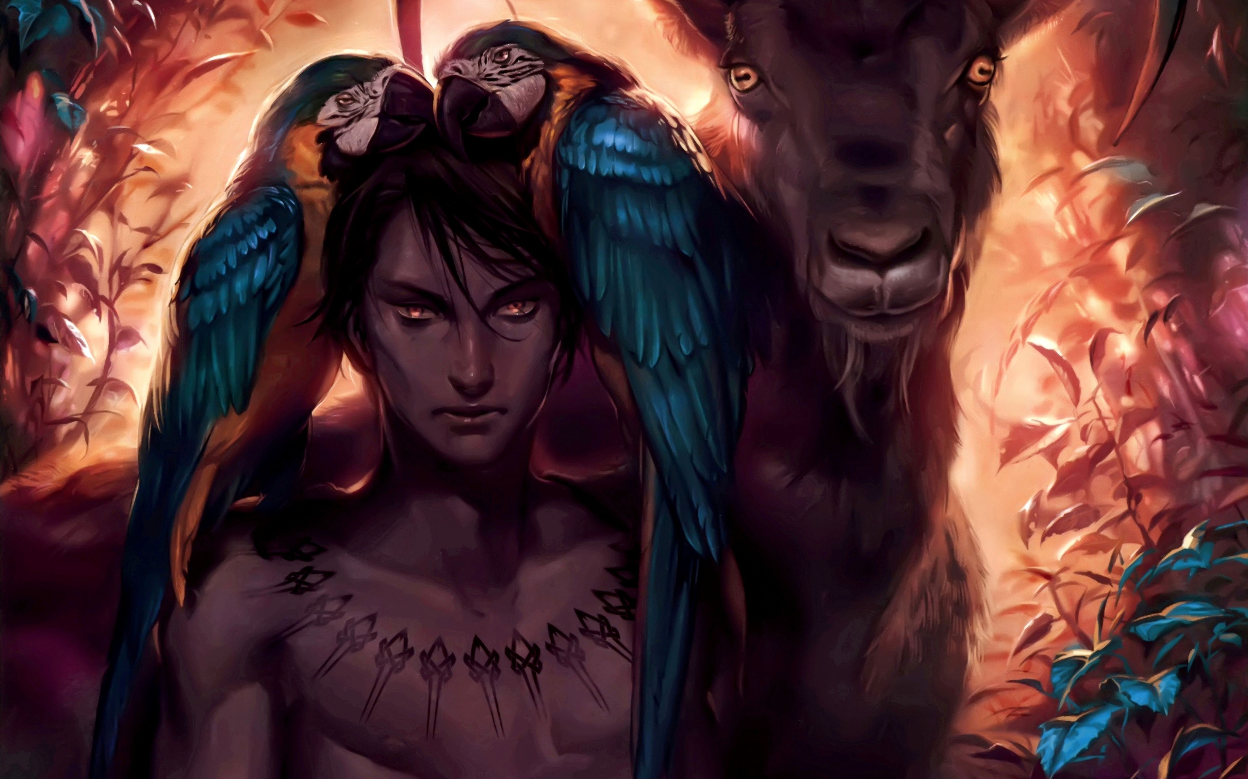 Man with parrots and deer in forest HD Wallpaper