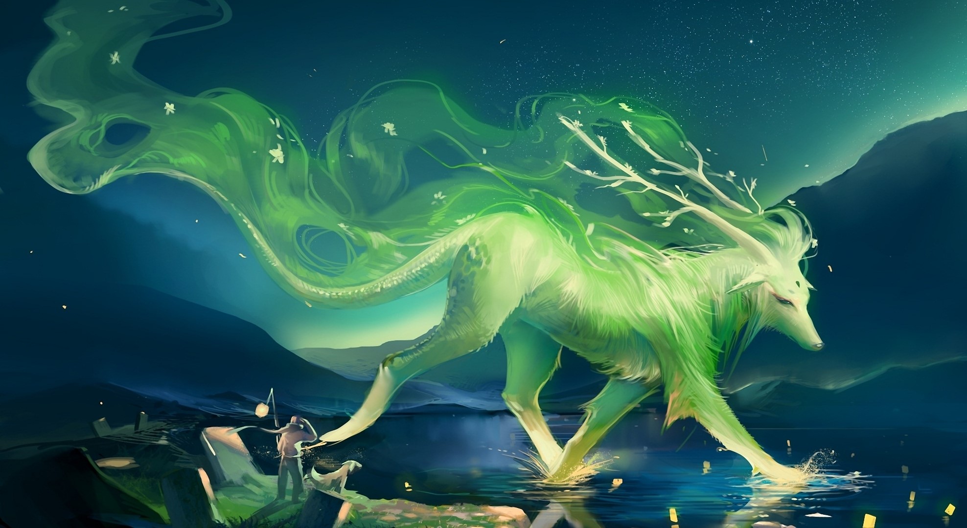 Green spirit deer with antlers walks through water at night HD Wallpaper