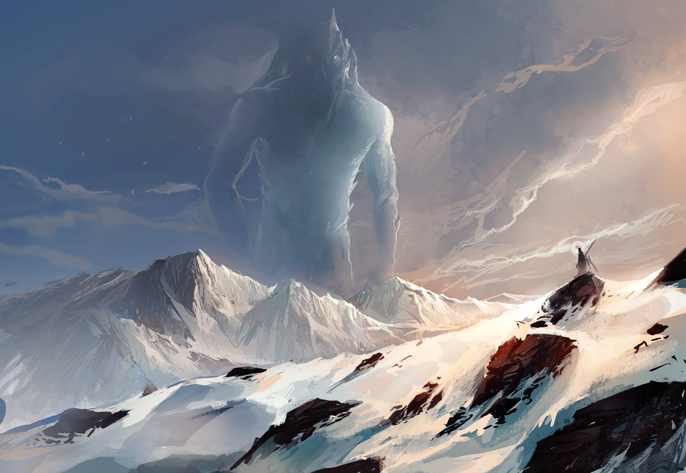 Giant Ice Creature Overlooking Snowy Mountains with a Lone Figure HD Wallpaper