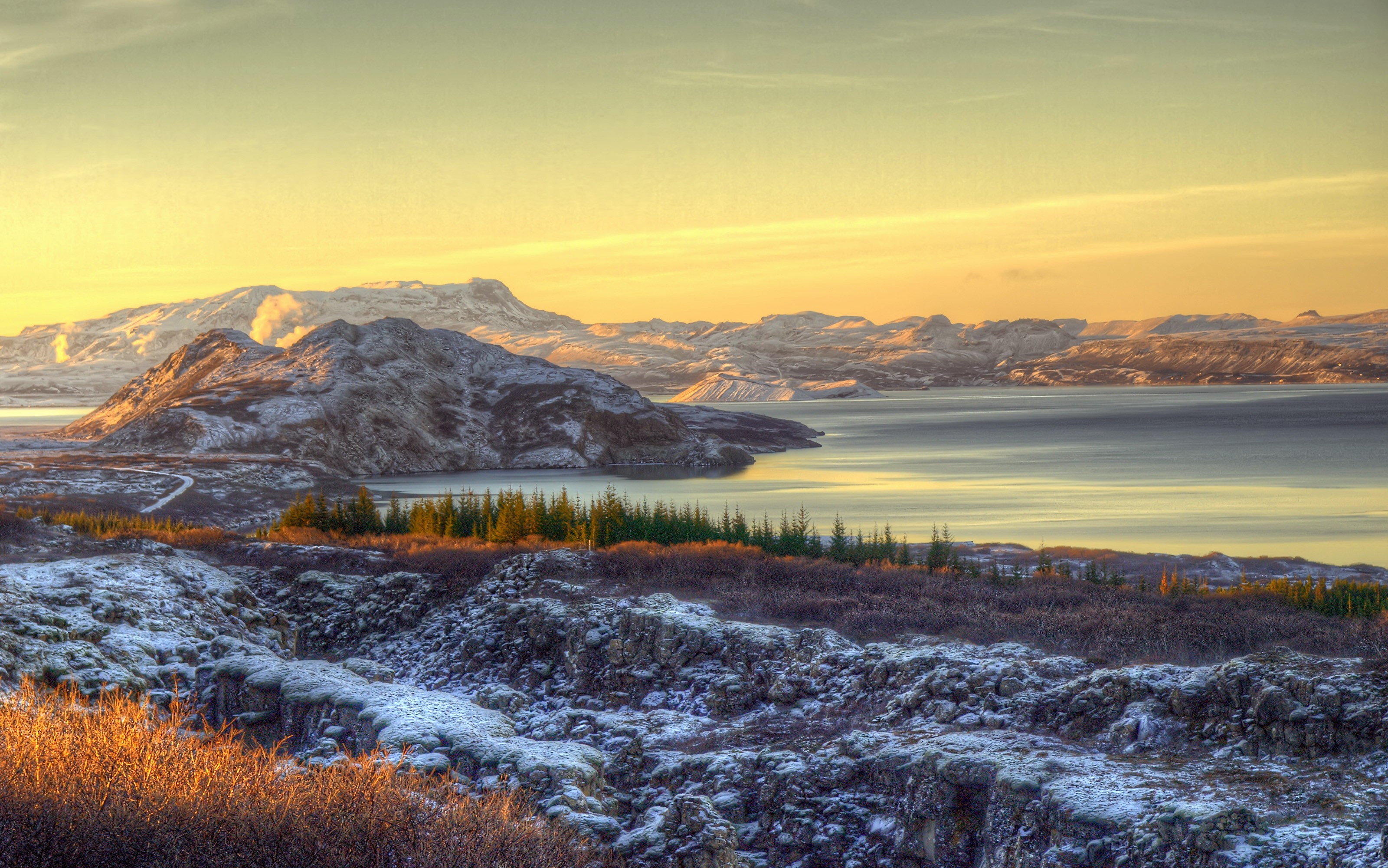 Snowy mountains and lake at sunrise HD Wallpaper