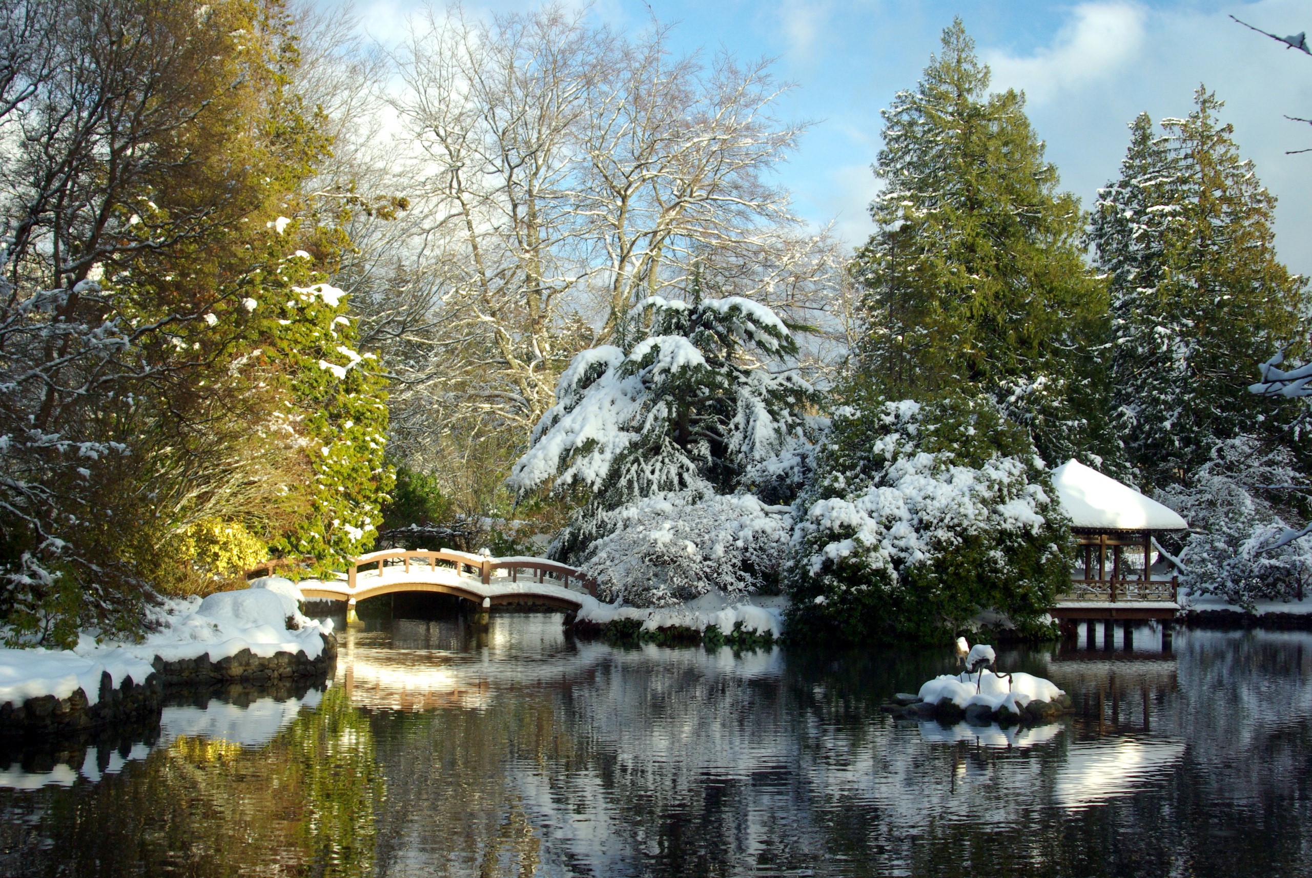Snowy Japanese Garden with Pond and Gazebo HD Wallpaper