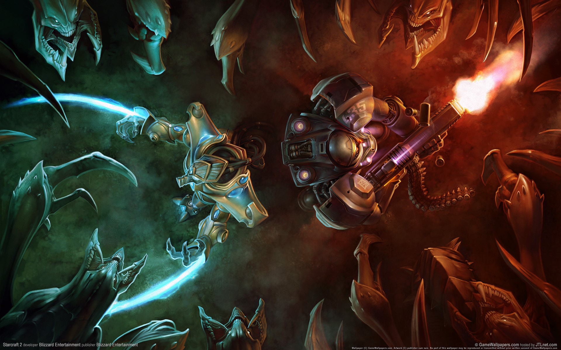 StarCraft II Protoss Zealot and Terran Marine fighting Zerg HD Wallpaper