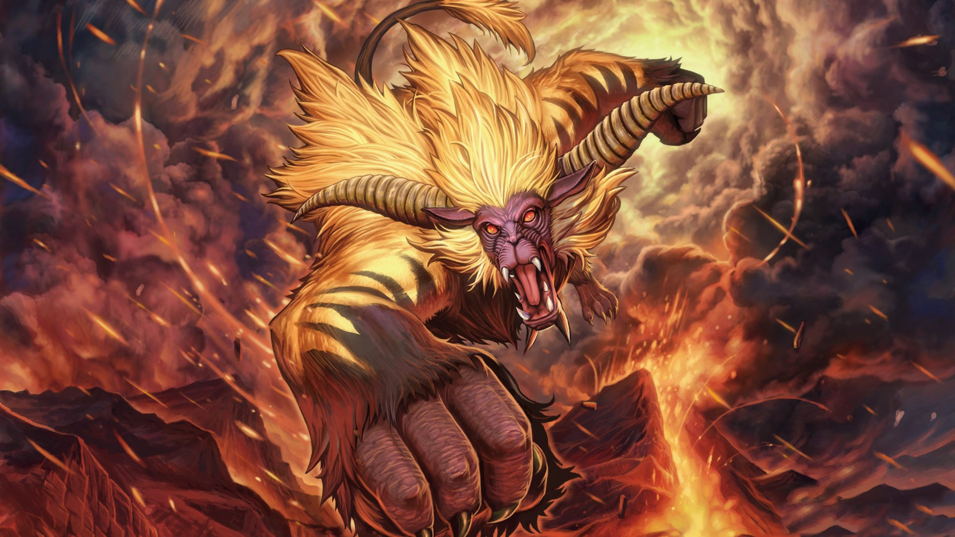 A monstrous creature with tiger stripes and a lion's mane HD Wallpaper