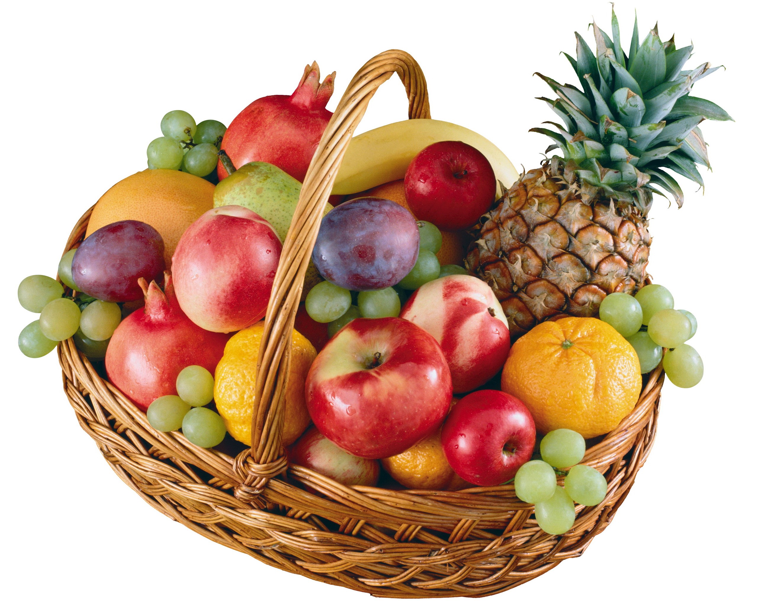 Fruit basket with pineapple, apples, oranges, and grapes HD Wallpaper