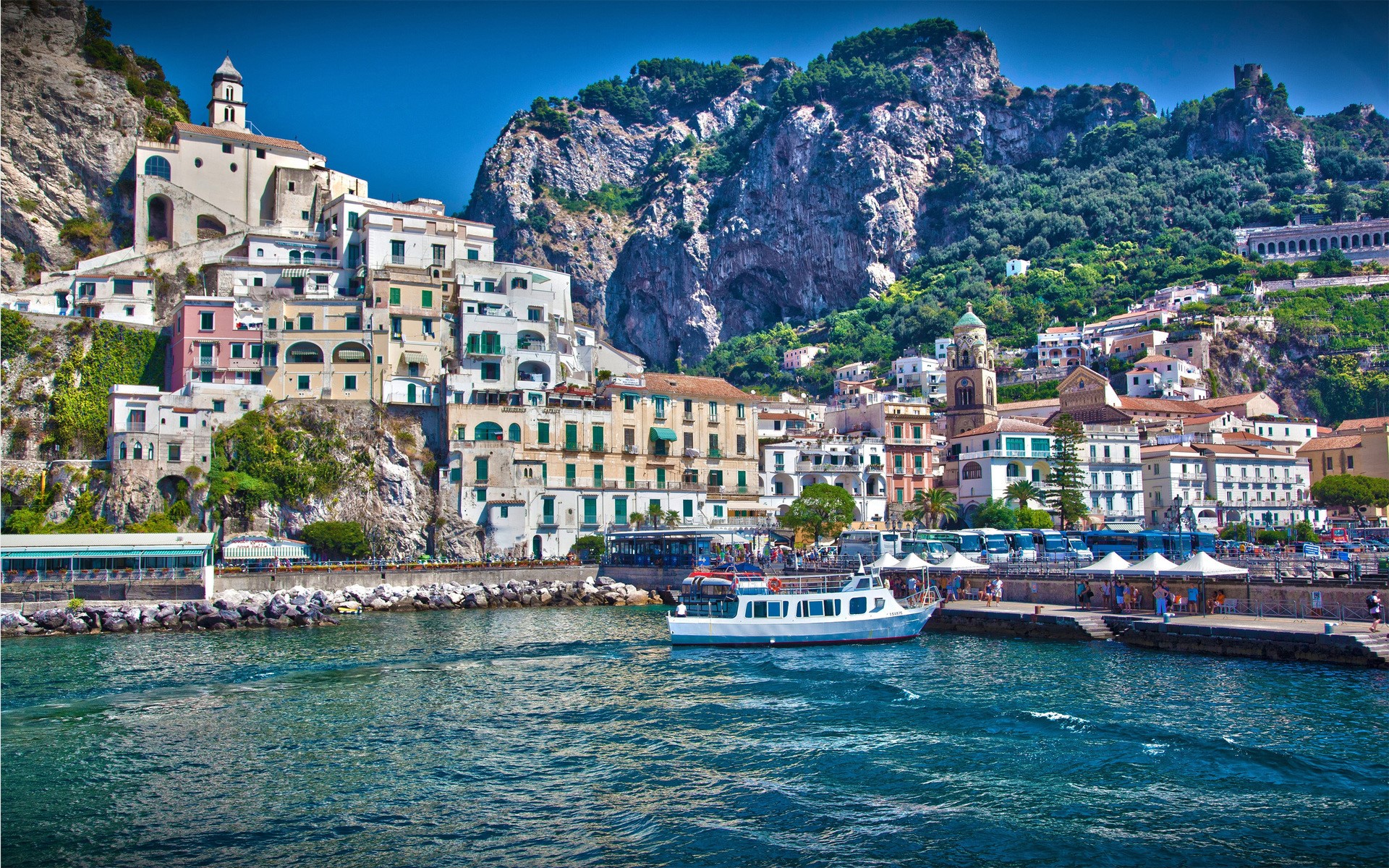 Amalfi Coast, Italy with boats and buildings HD Wallpaper