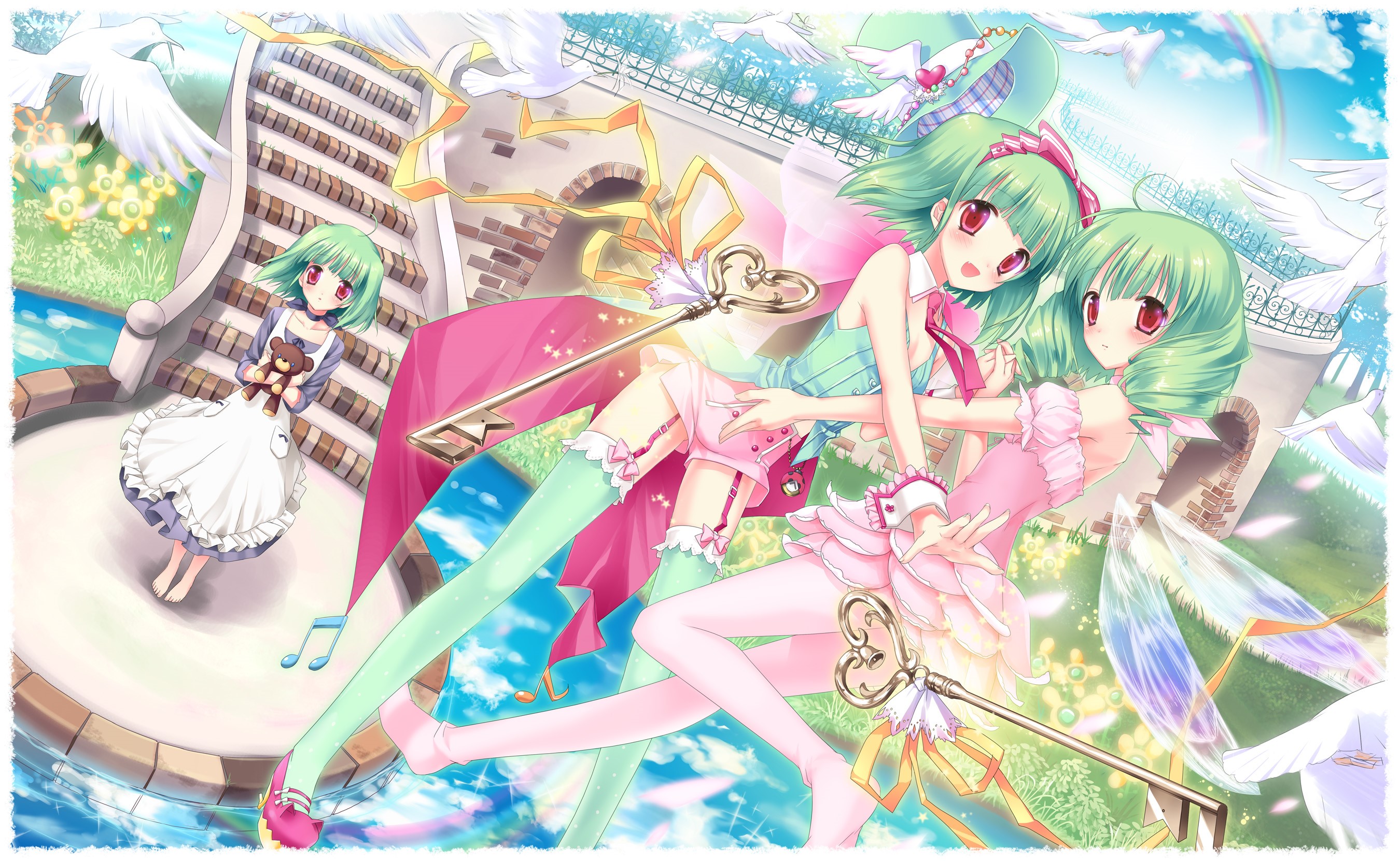 Anime girls with green hair and keys HD Wallpaper