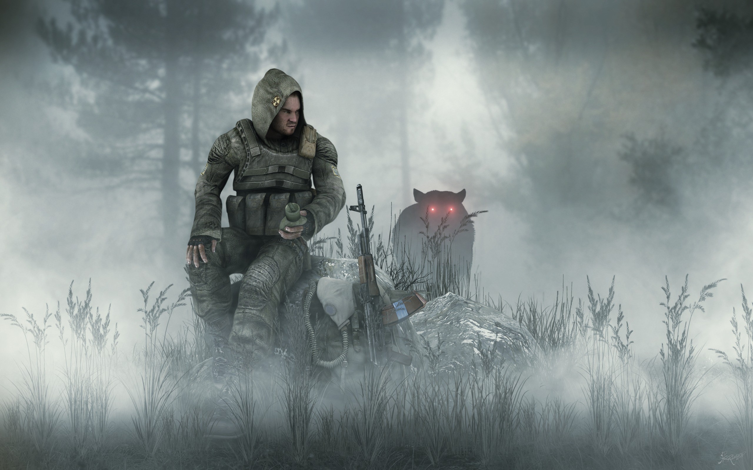 Stalker with a creature in a foggy forest HD Wallpaper