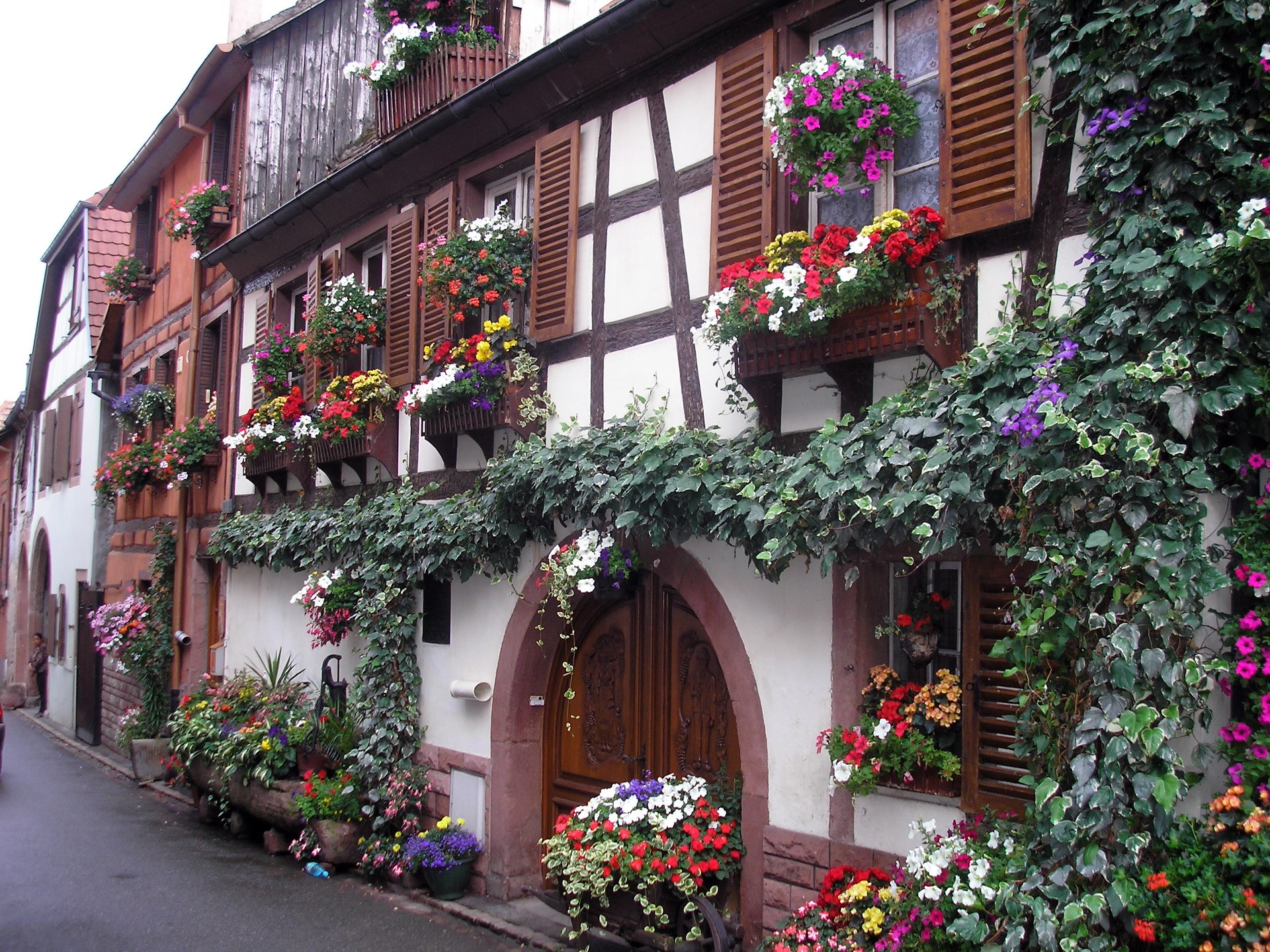 Flower-adorned half-timbered houses in France HD Wallpaper