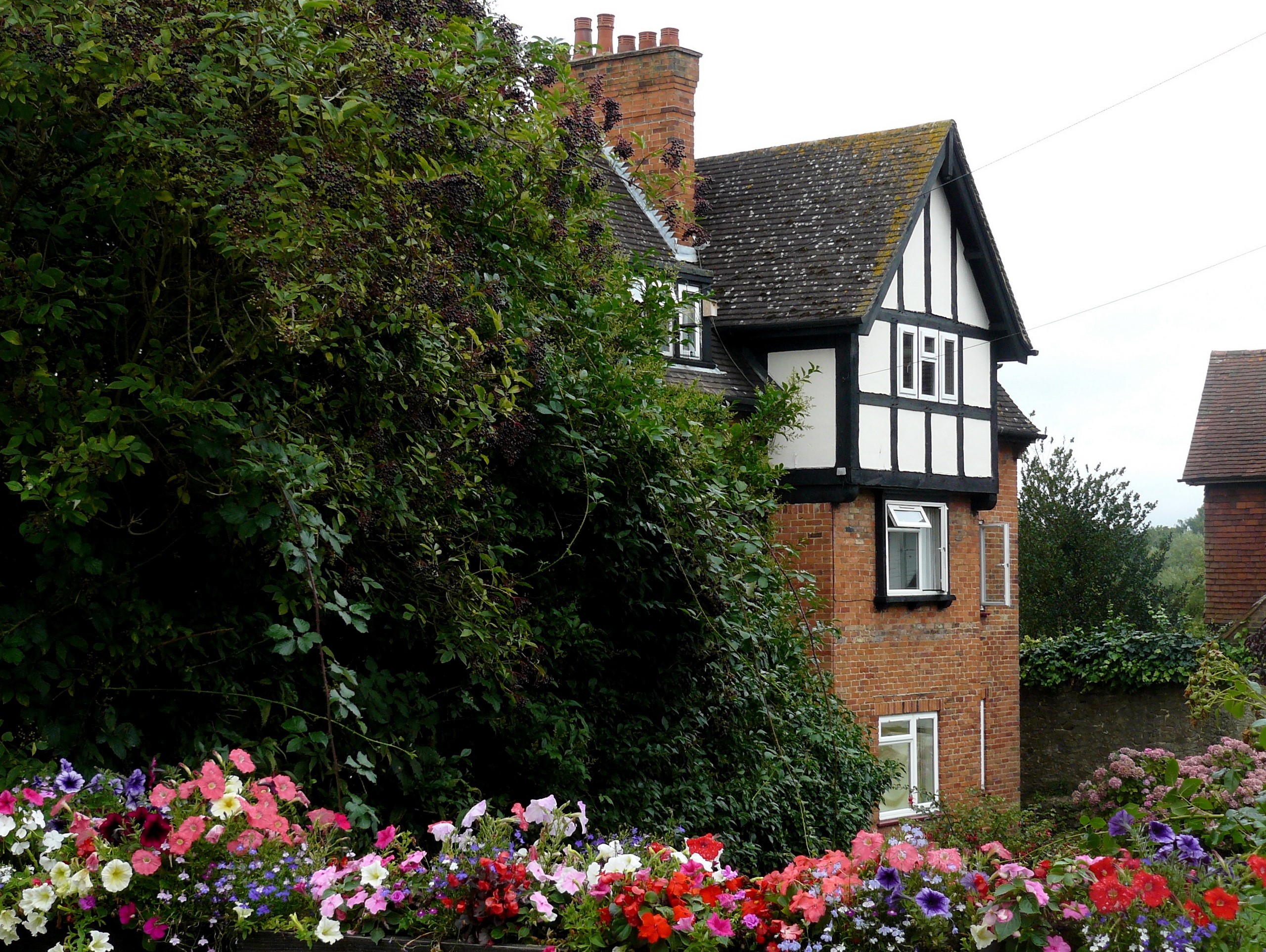 Tudor-style house with flowers and trees HD Wallpaper