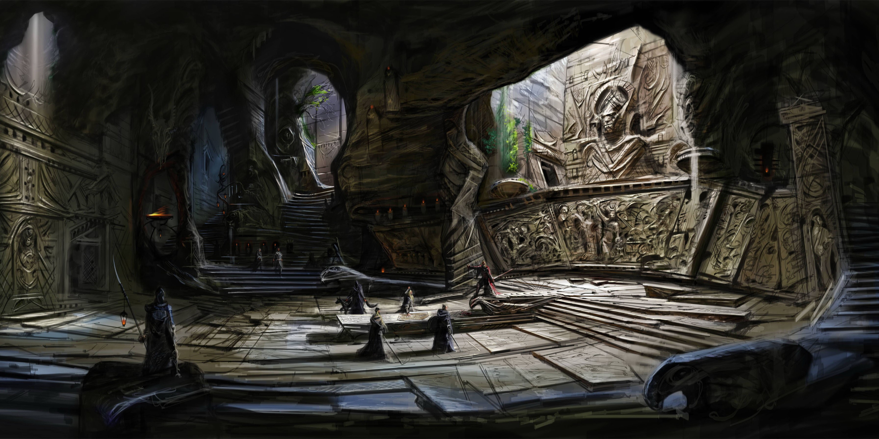 Ancient Temple Interior with Figures HD Wallpaper