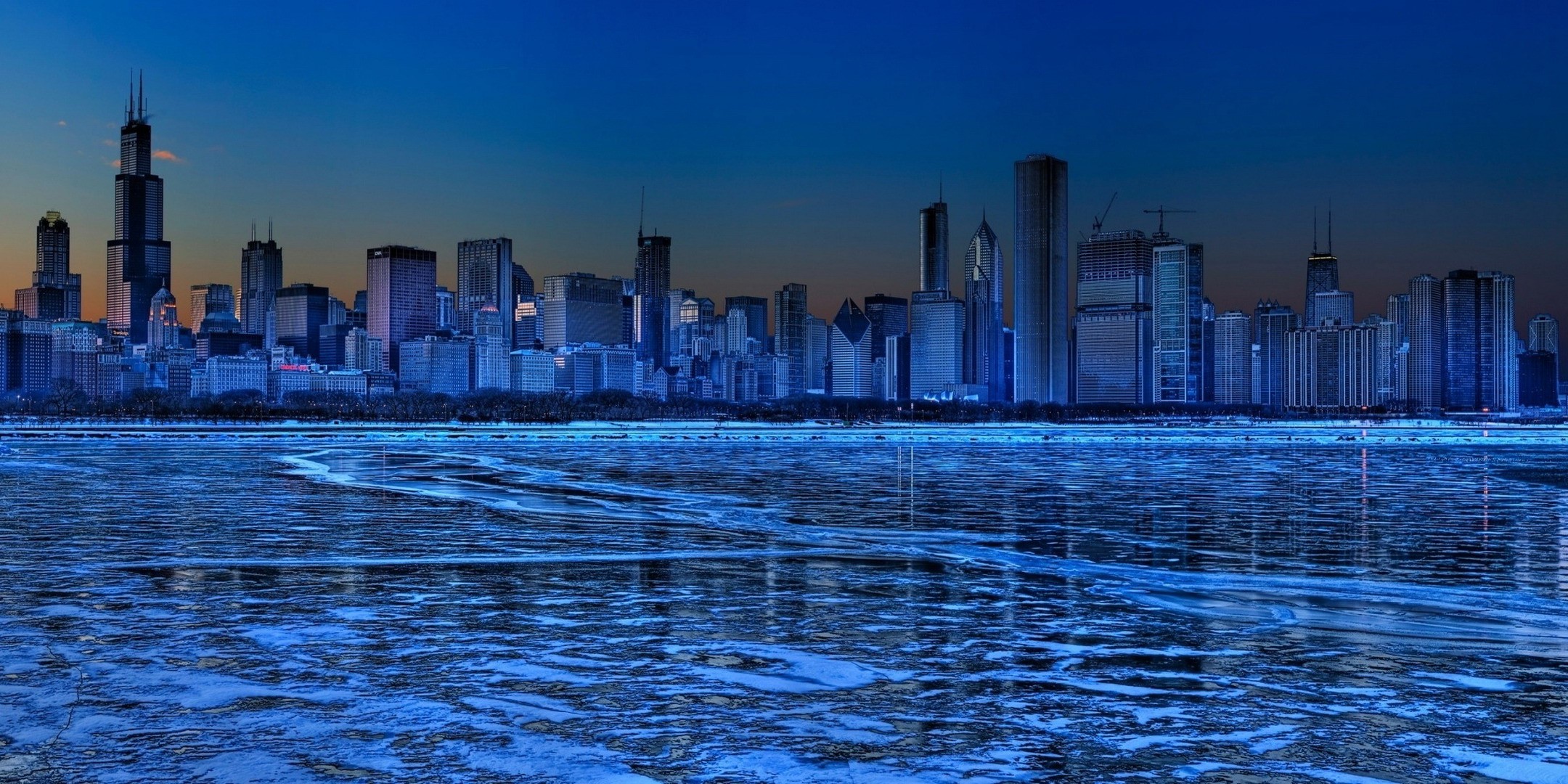 Chicago city skyline at dusk with frozen lake HD Wallpaper
