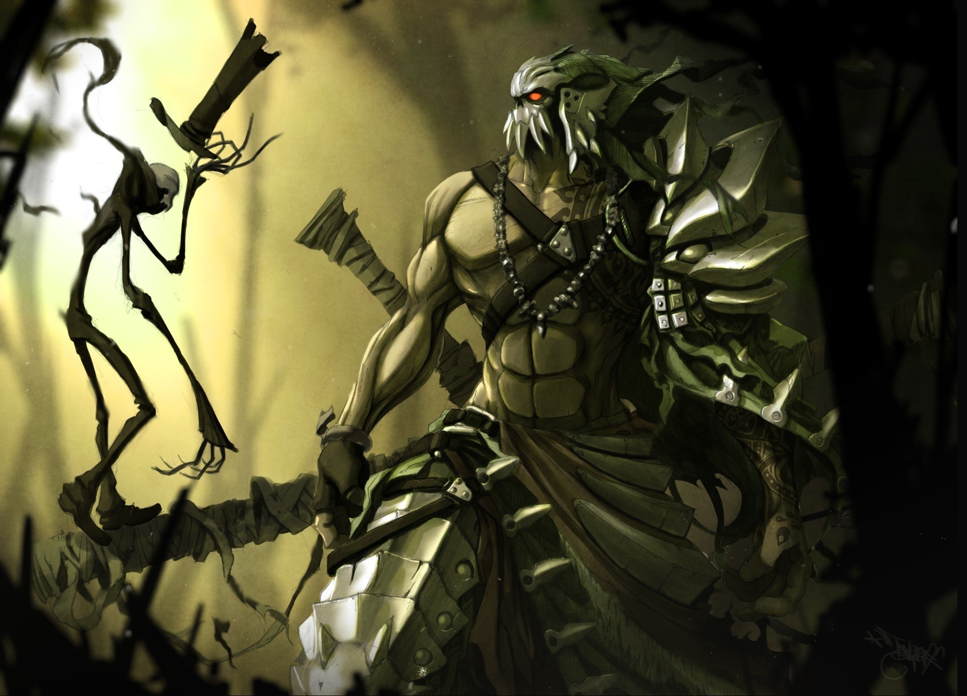 Monster warrior fighting a shadowy creature in a forest HD Wallpaper