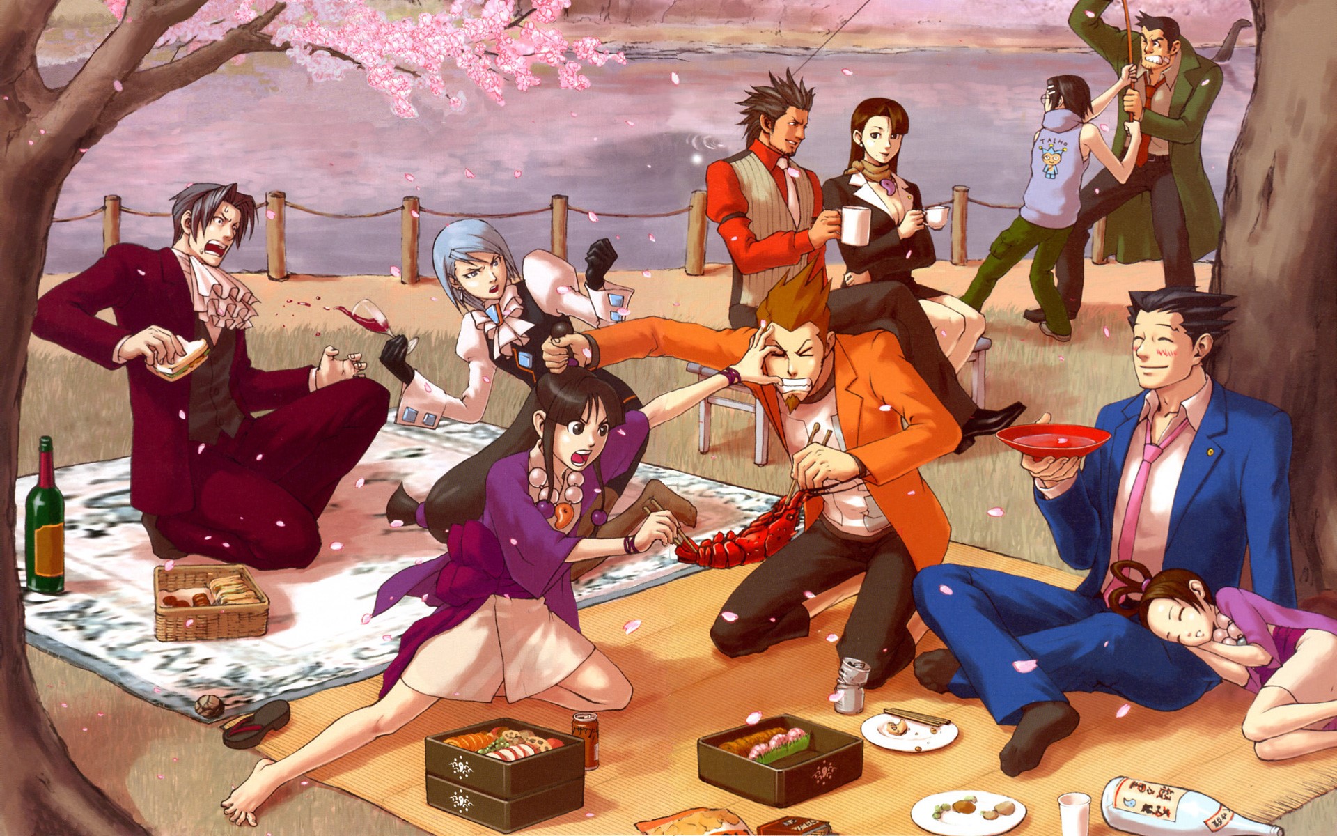 Ace Attorney characters having a picnic under cherry blossoms HD Wallpaper