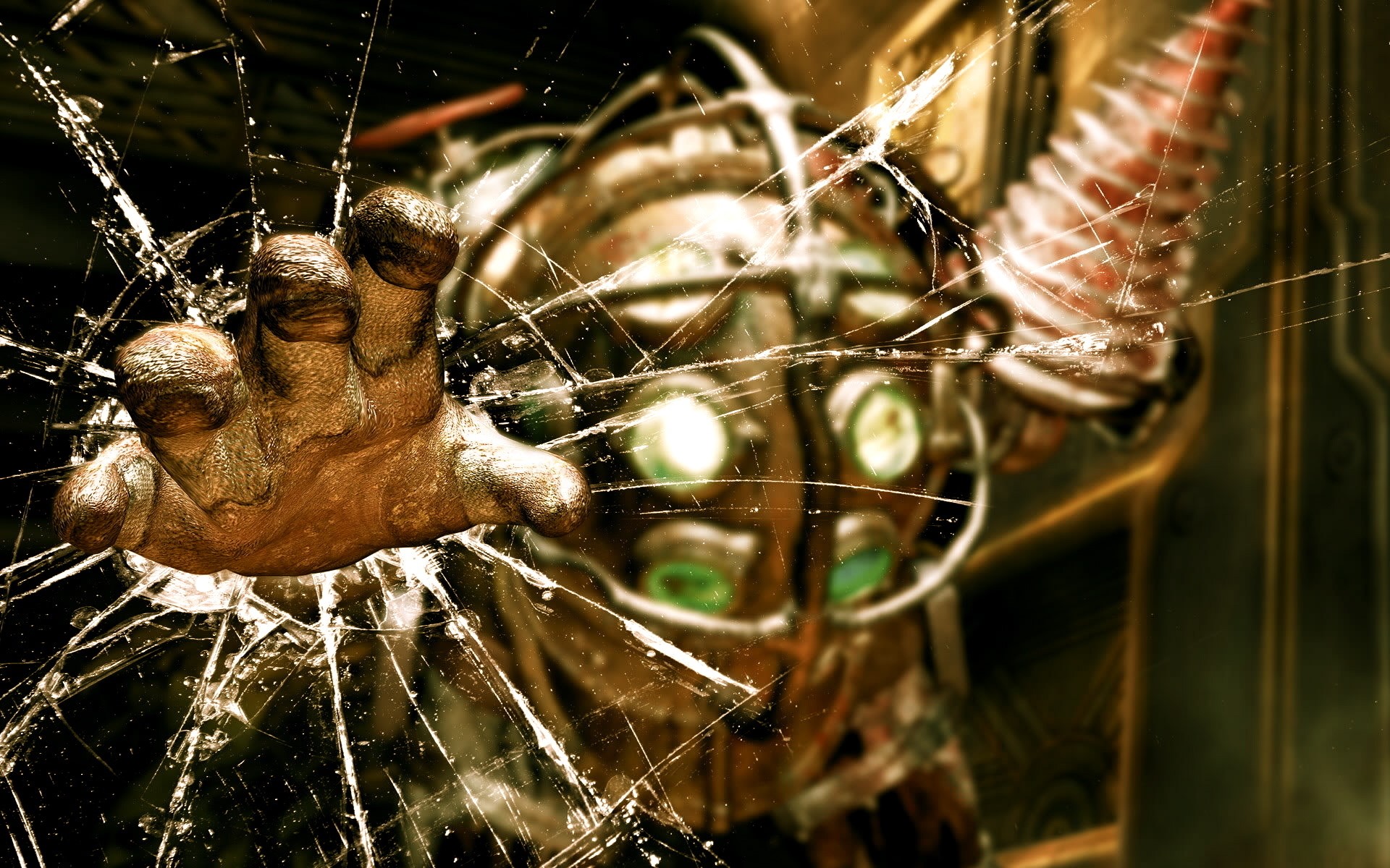 Big Daddy from BioShock breaking through glass HD Wallpaper