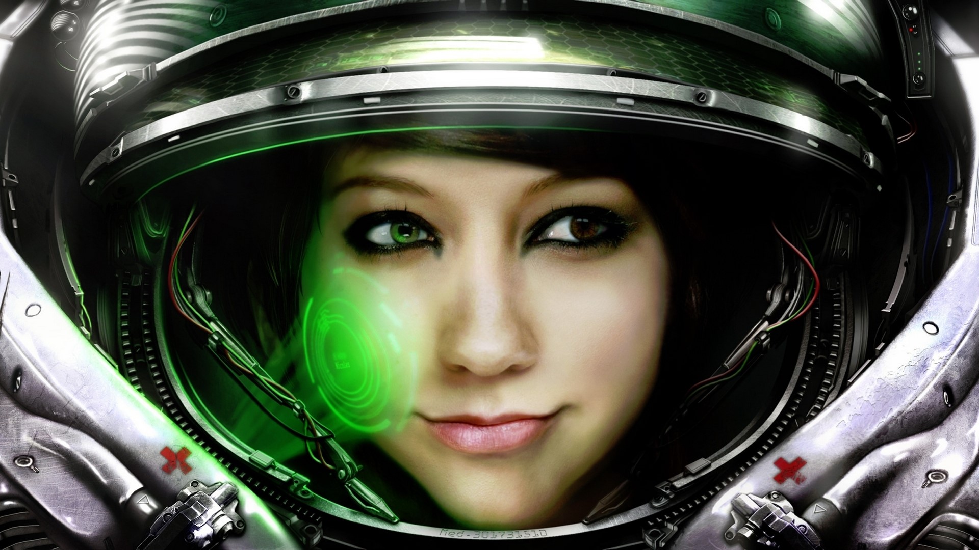 Woman in StarCraft 2 helmet with green HUD HD Wallpaper