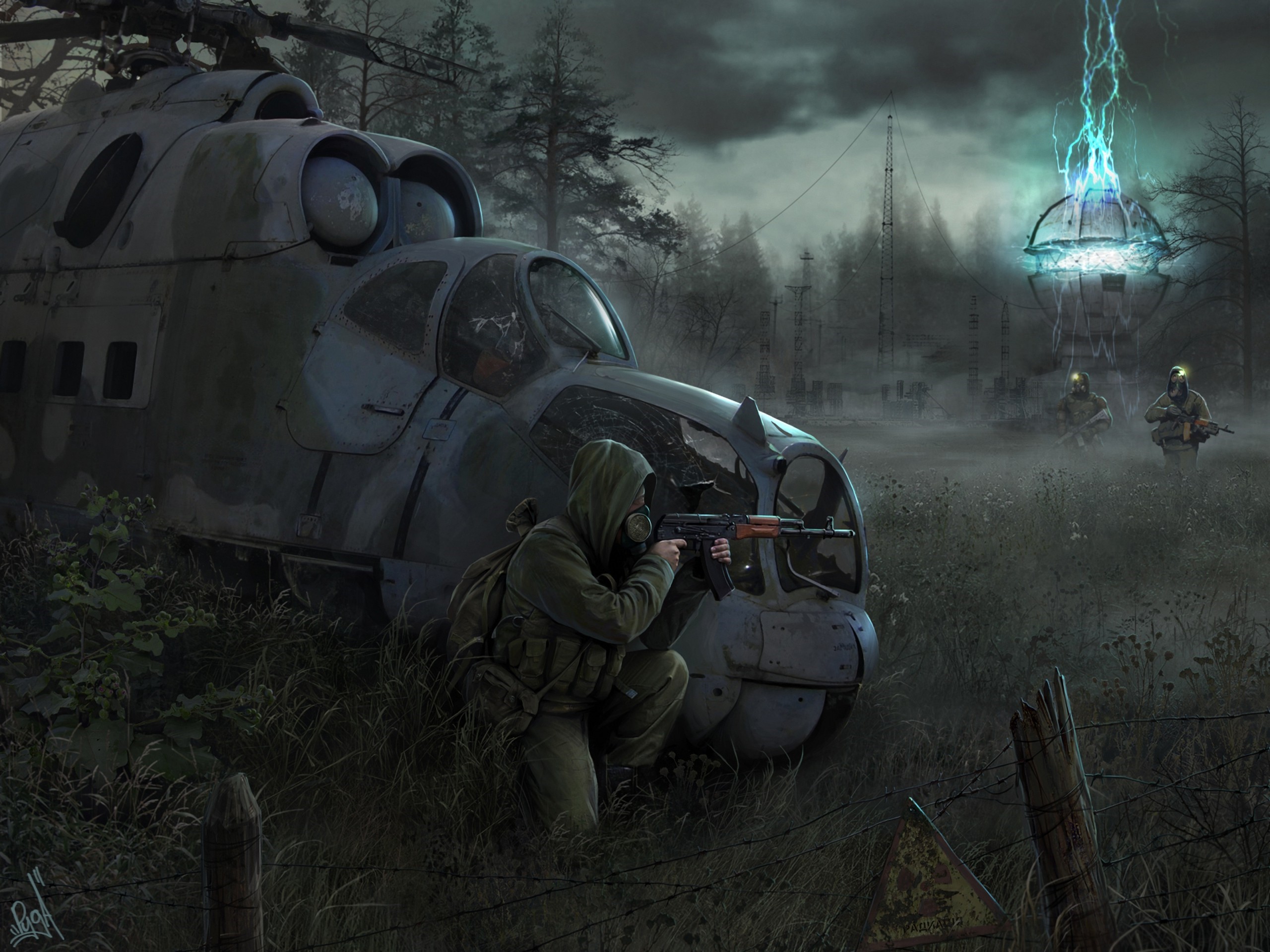 STALKER characters near a crashed helicopter and energy anomaly HD Wallpaper