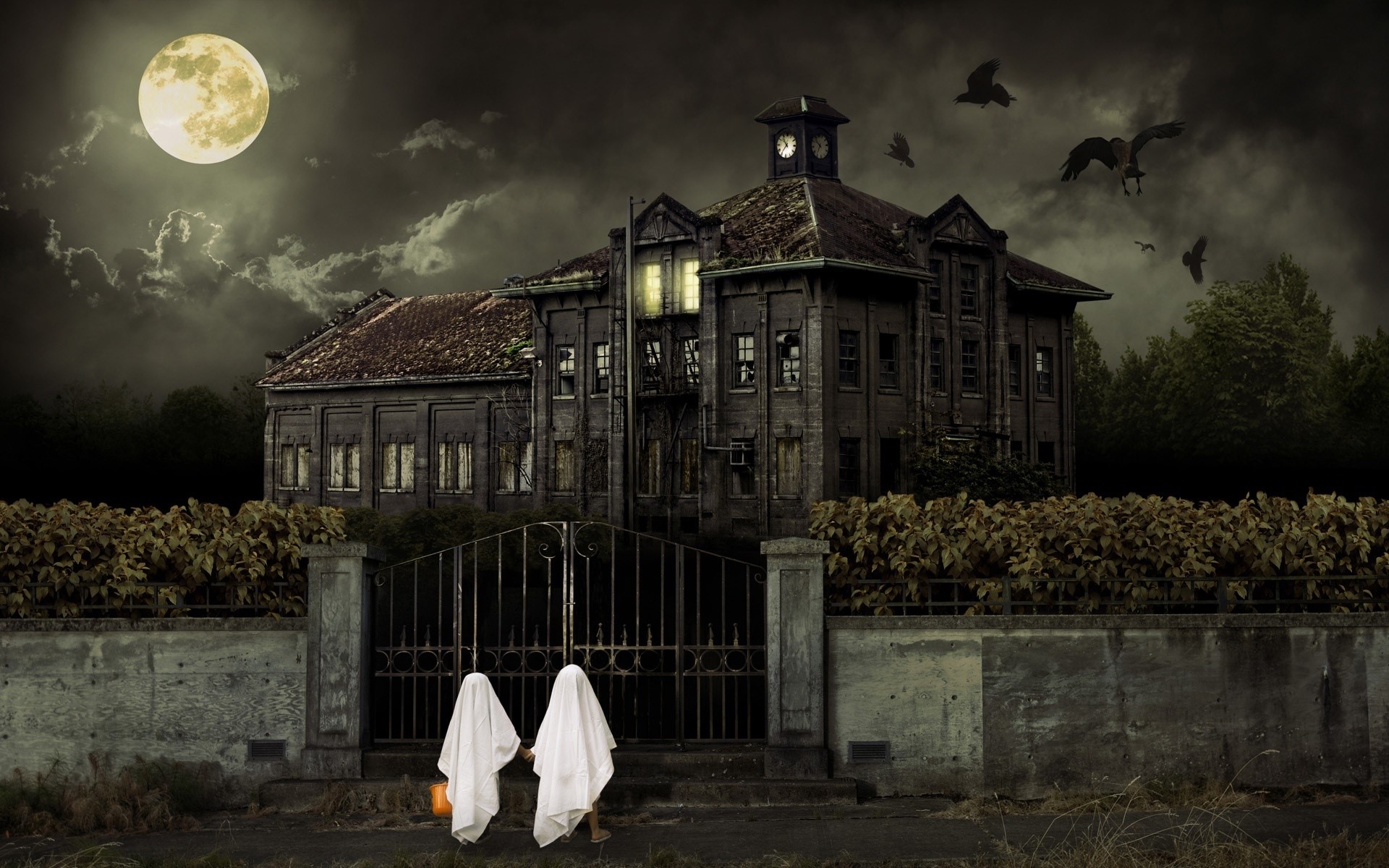 Halloween night at a haunted mansion with ghosts HD Wallpaper
