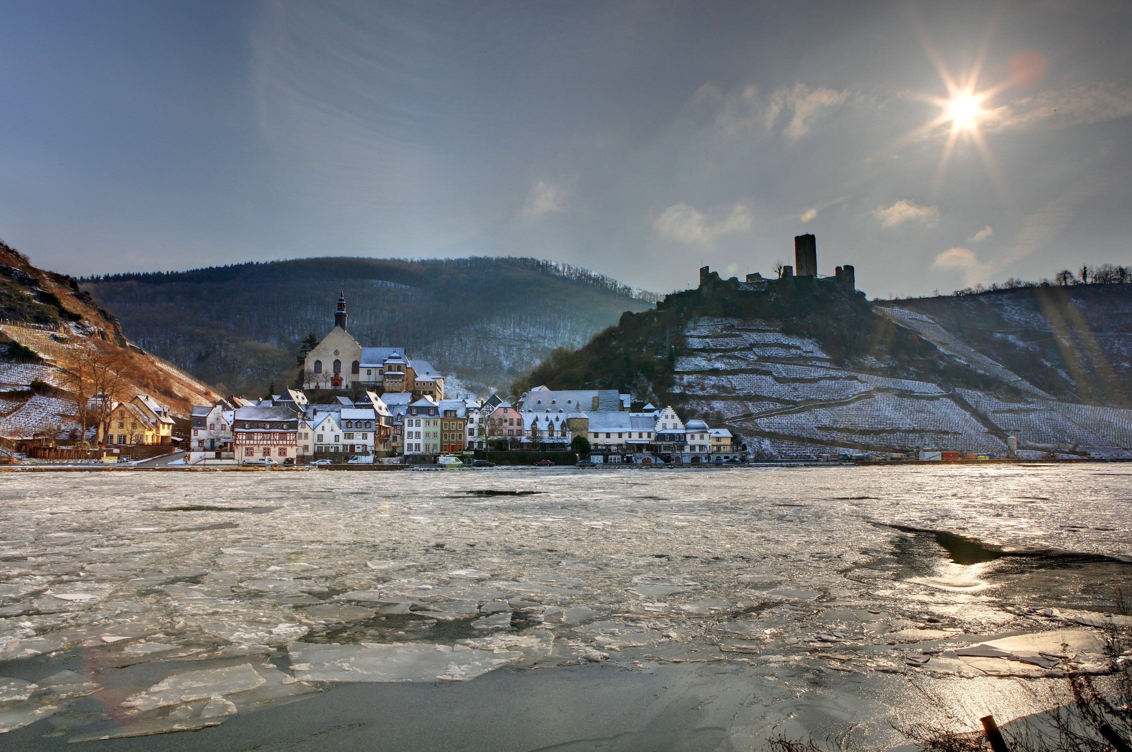 Frozen River and Village with Castle in Germany HD Wallpaper