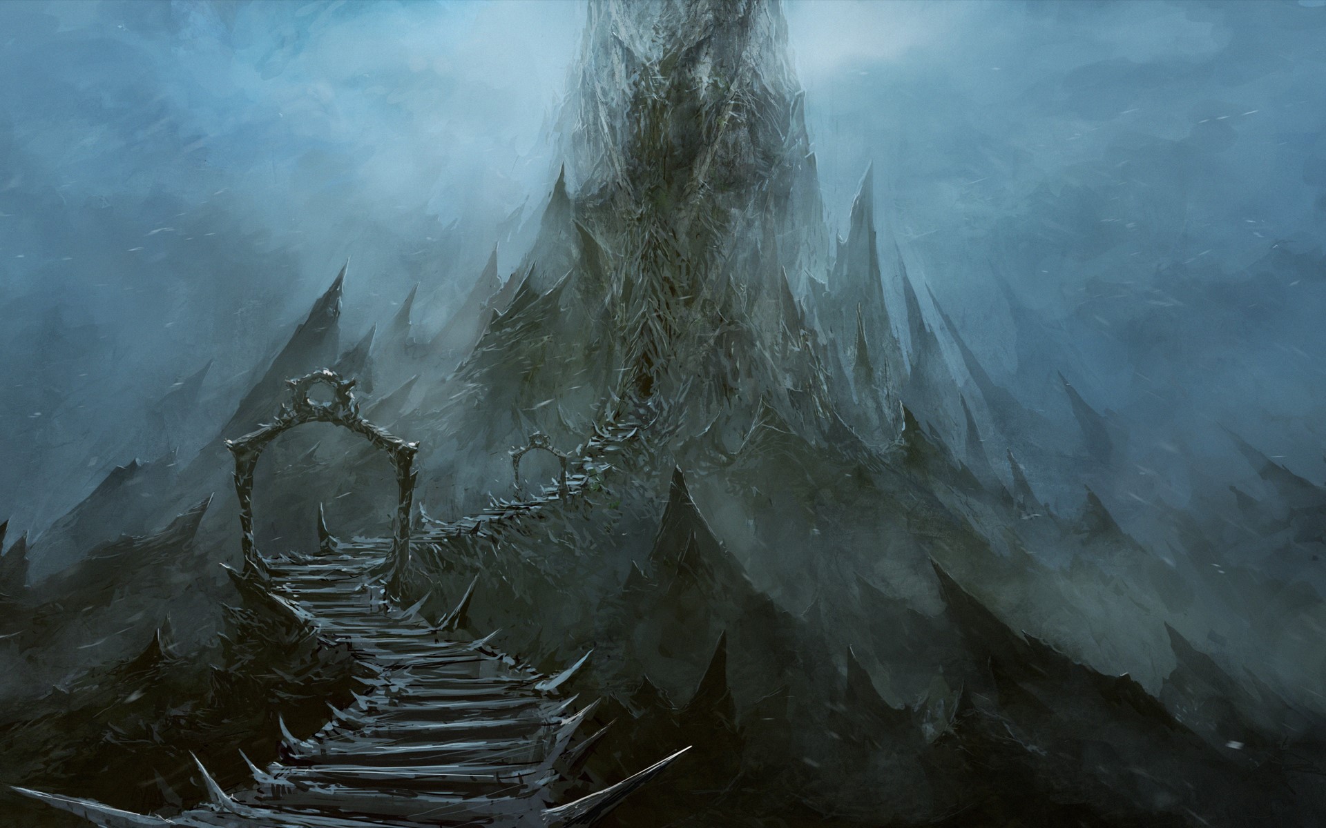 Gothic Fantasy Landscape with Spiky Mountains and Archway HD Wallpaper