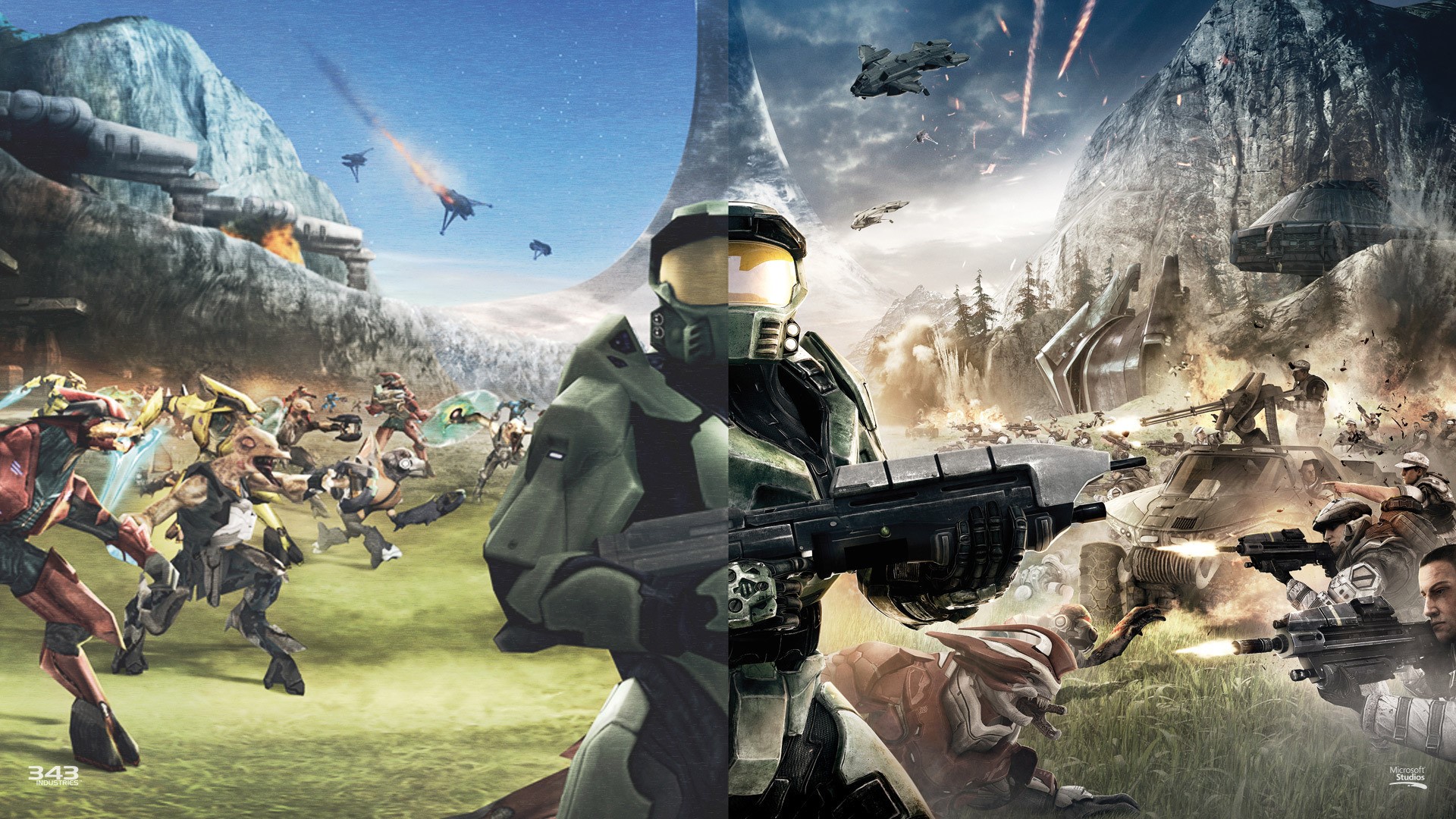 Master Chief and UNSC forces battle Covenant aliens on Installation 04 HD Wallpaper