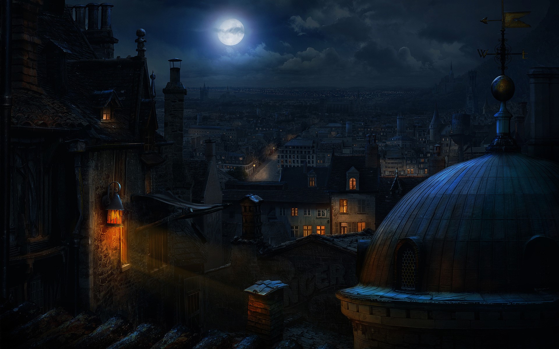 Illustration of a city at night under a full moon HD Wallpaper