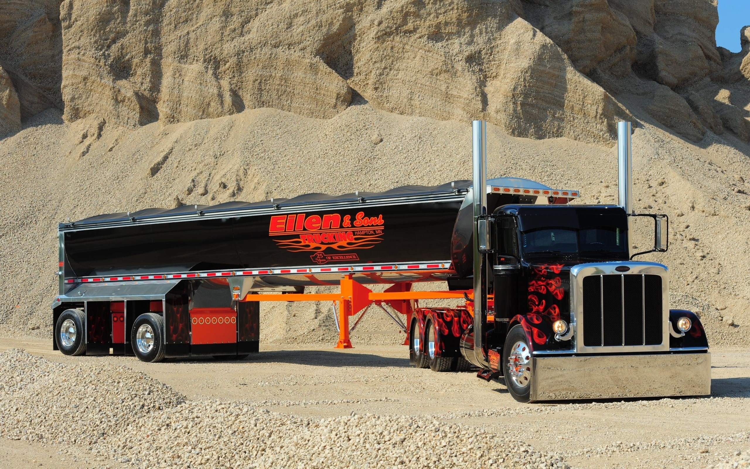 Black Peterbilt dump truck with Ellen & Sons trailer HD Wallpaper