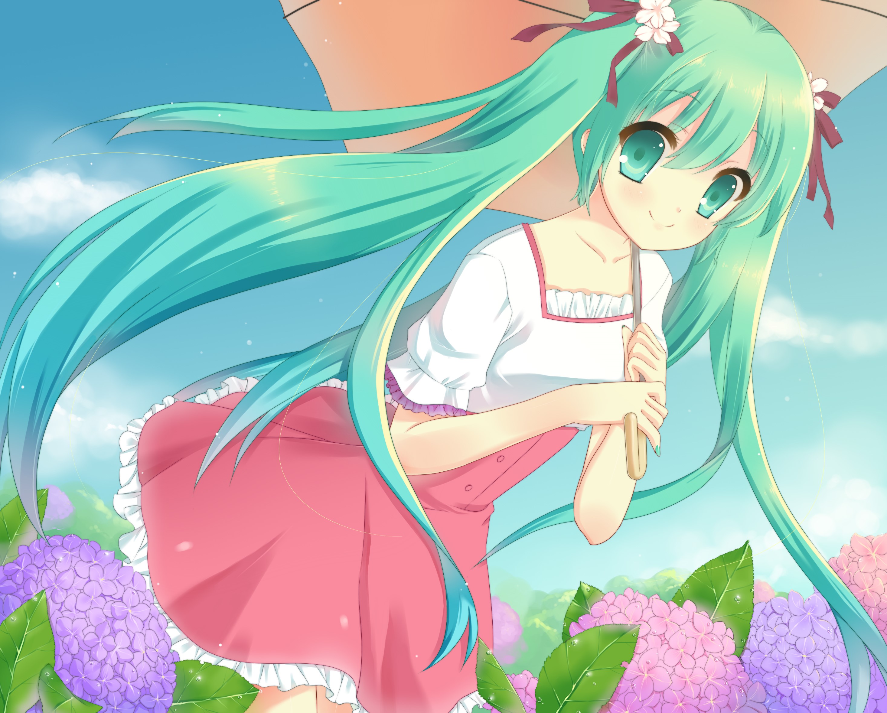 Hatsune Miku holding an umbrella in a field of flowers HD Wallpaper