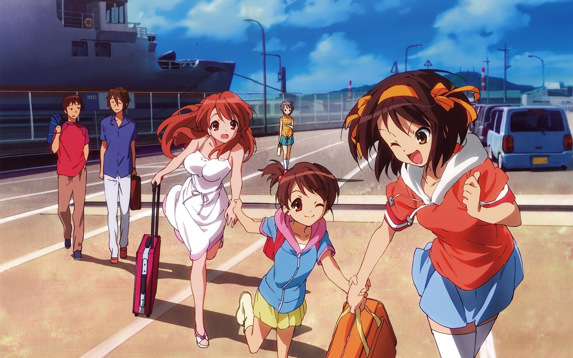 The Melancholy of Haruhi Suzumiya characters at a port HD Wallpaper
