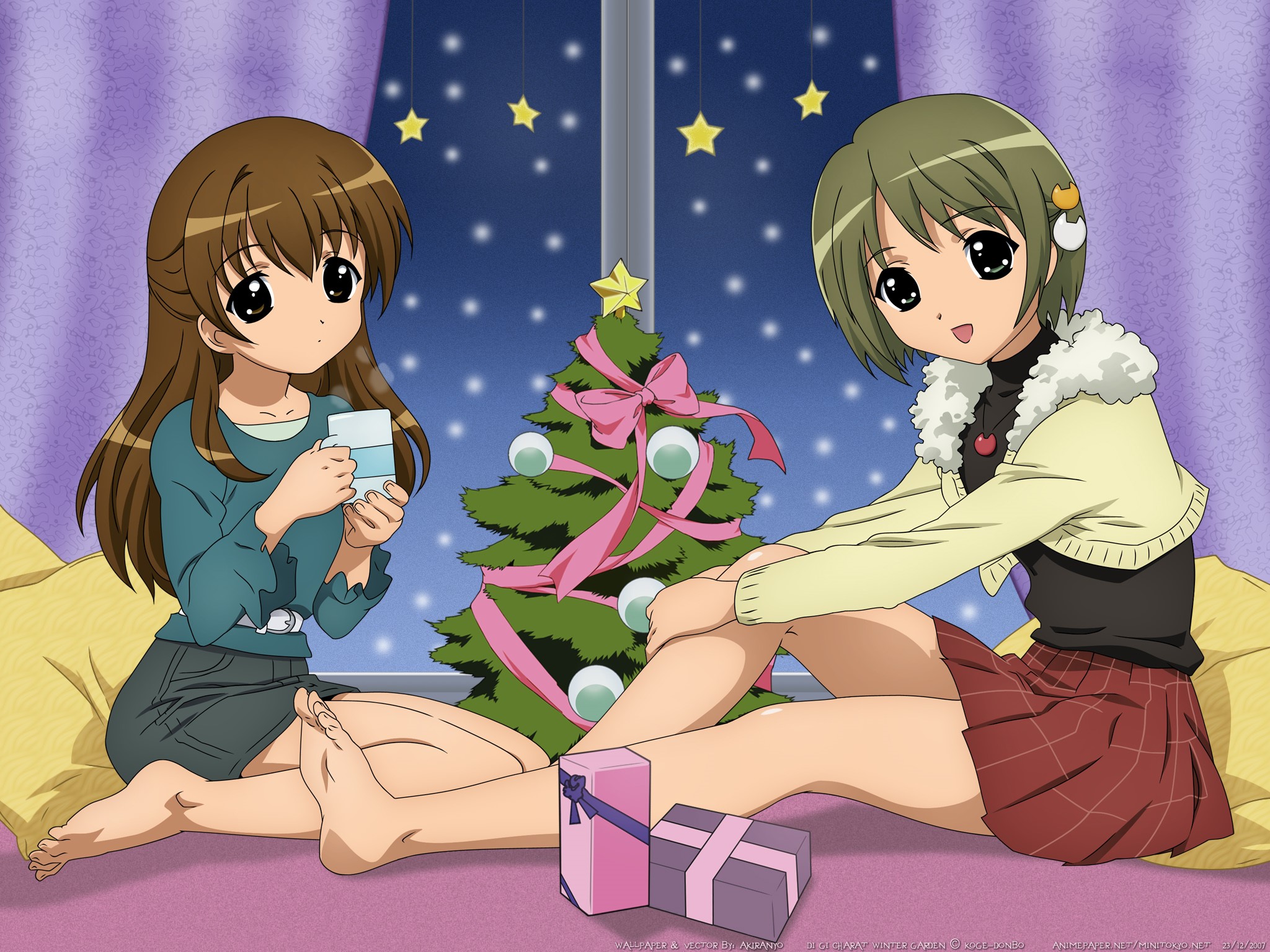 Two girls by a Christmas tree HD Wallpaper