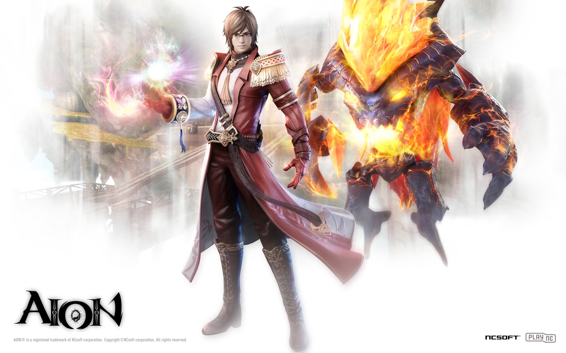 Aion: Tower of Eternity character and fire monster HD Wallpaper