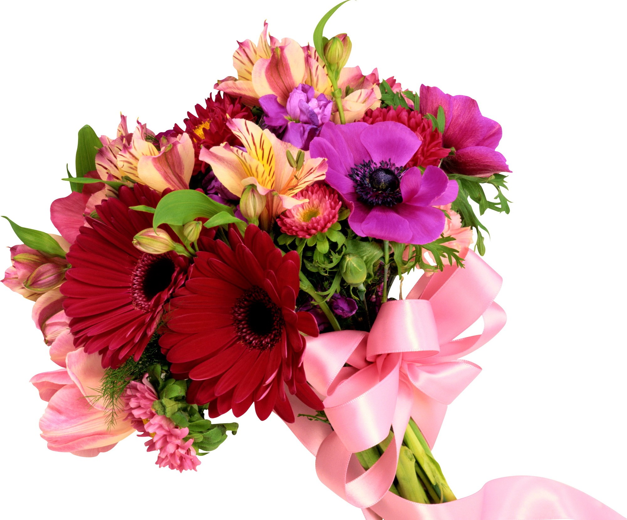 Colorful flower bouquet with pink ribbon HD Wallpaper