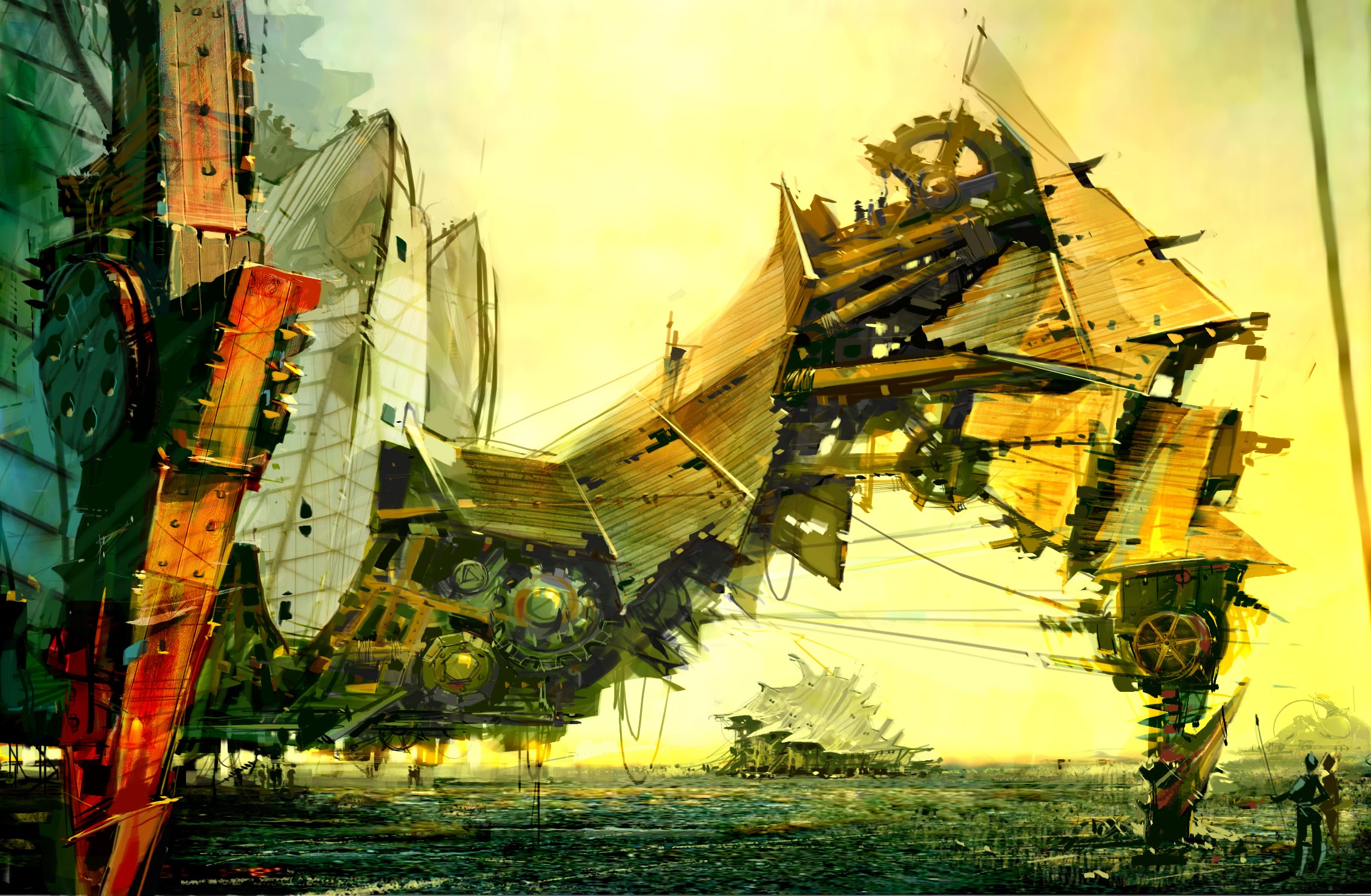 Steampunk mechanical structures in a desolate landscape HD Wallpaper