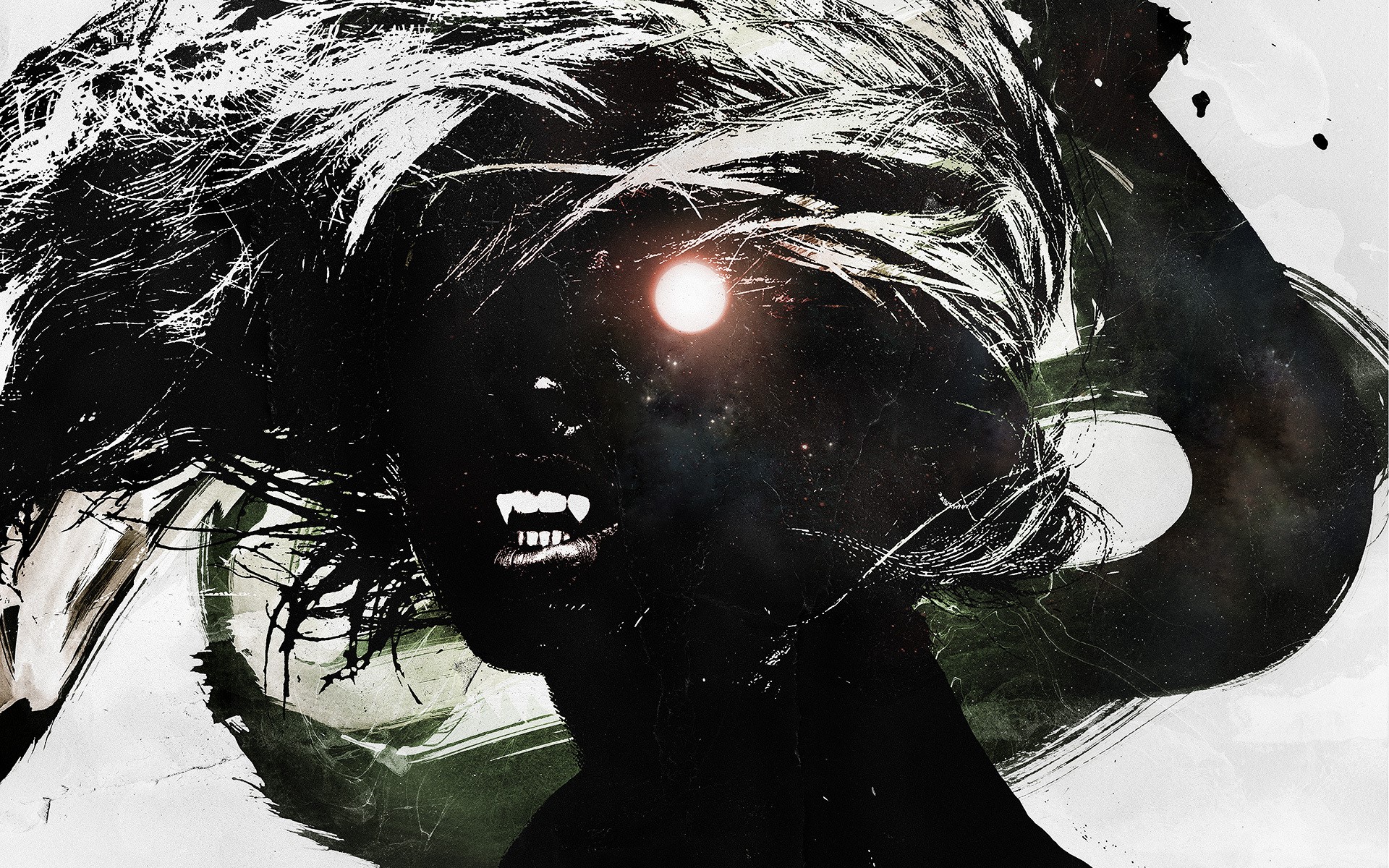 Vampire with glowing eye and fangs HD Wallpaper