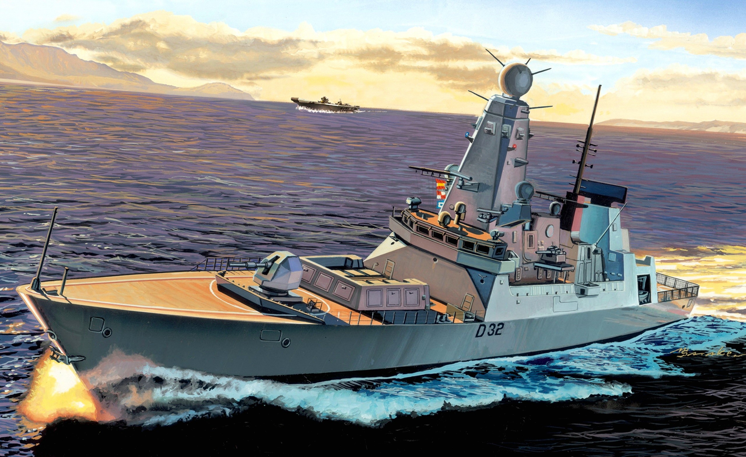 Painting of a Type 45 destroyer at sea HD Wallpaper