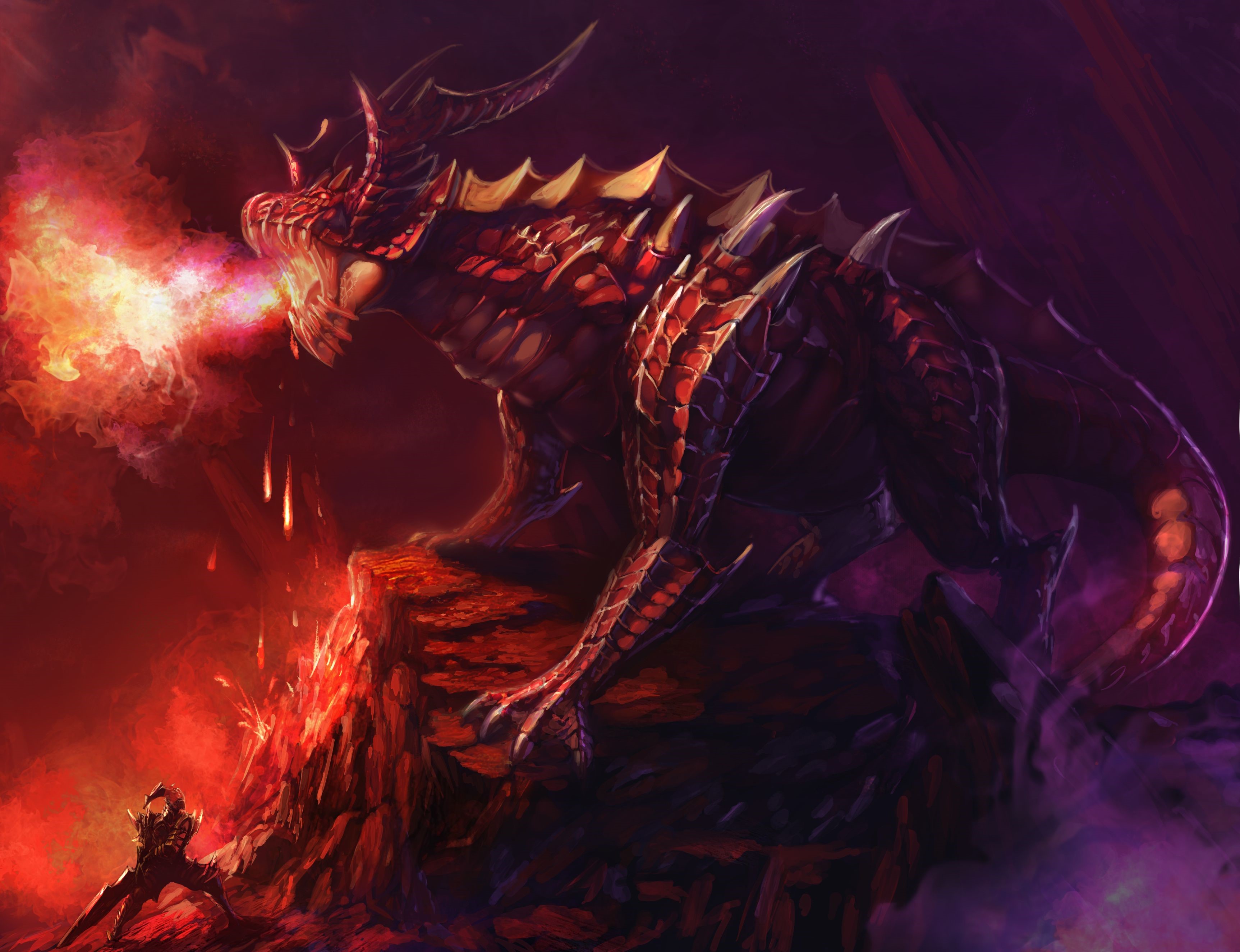 Red dragon breathing fire on a warrior HD Wallpaper