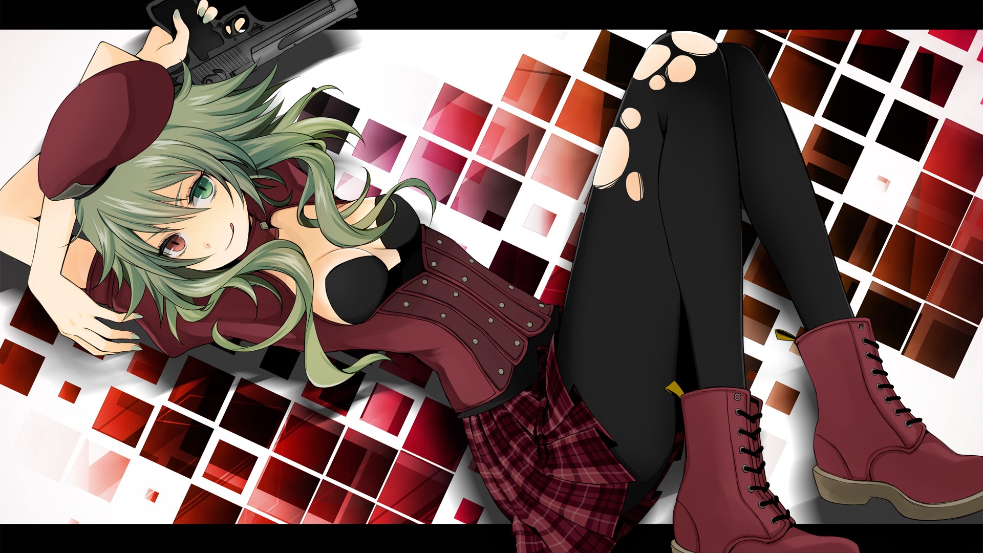 Anime girl with green hair and gun HD Wallpaper