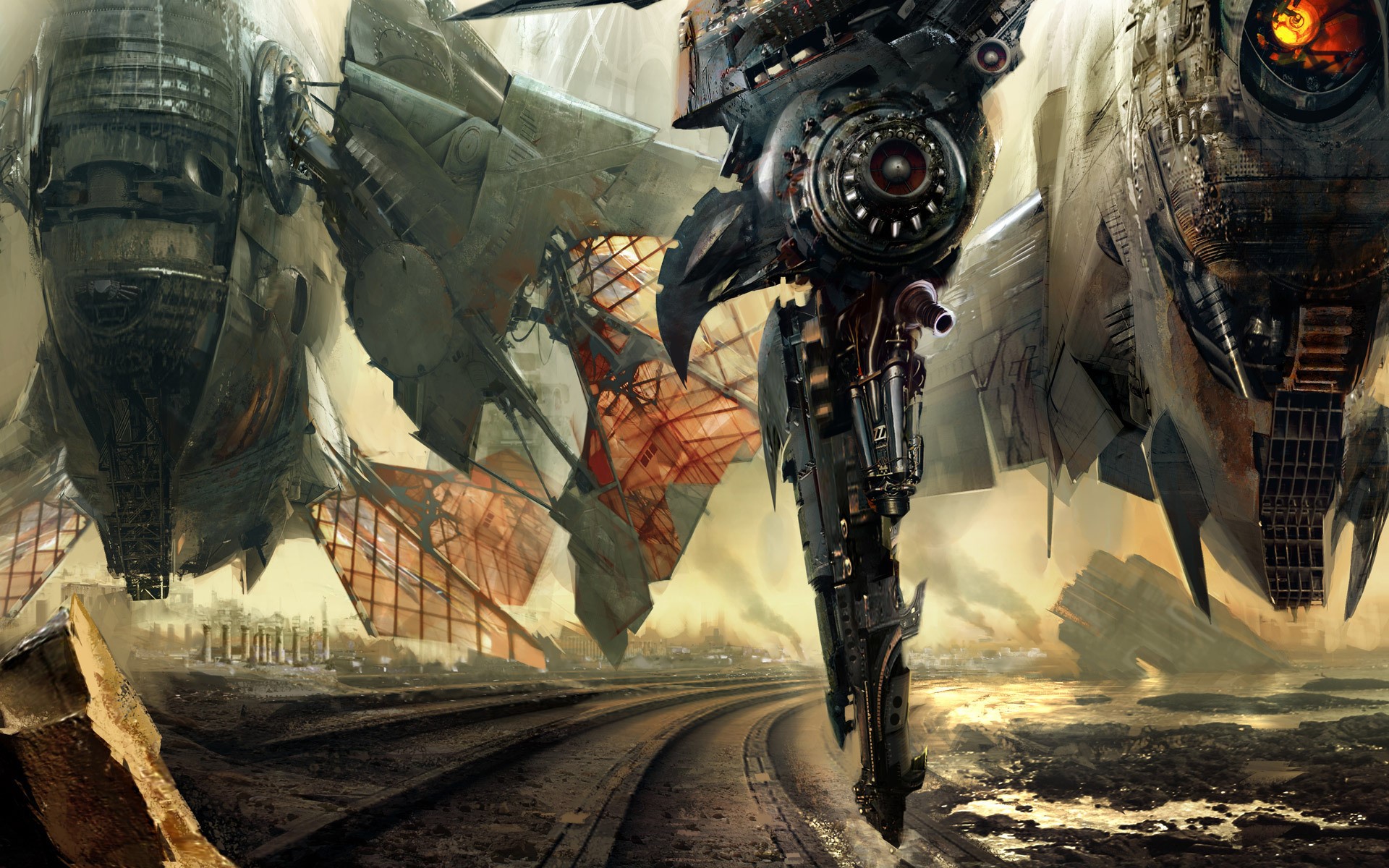 Steampunk mechs over a desolate industrial landscape HD Wallpaper
