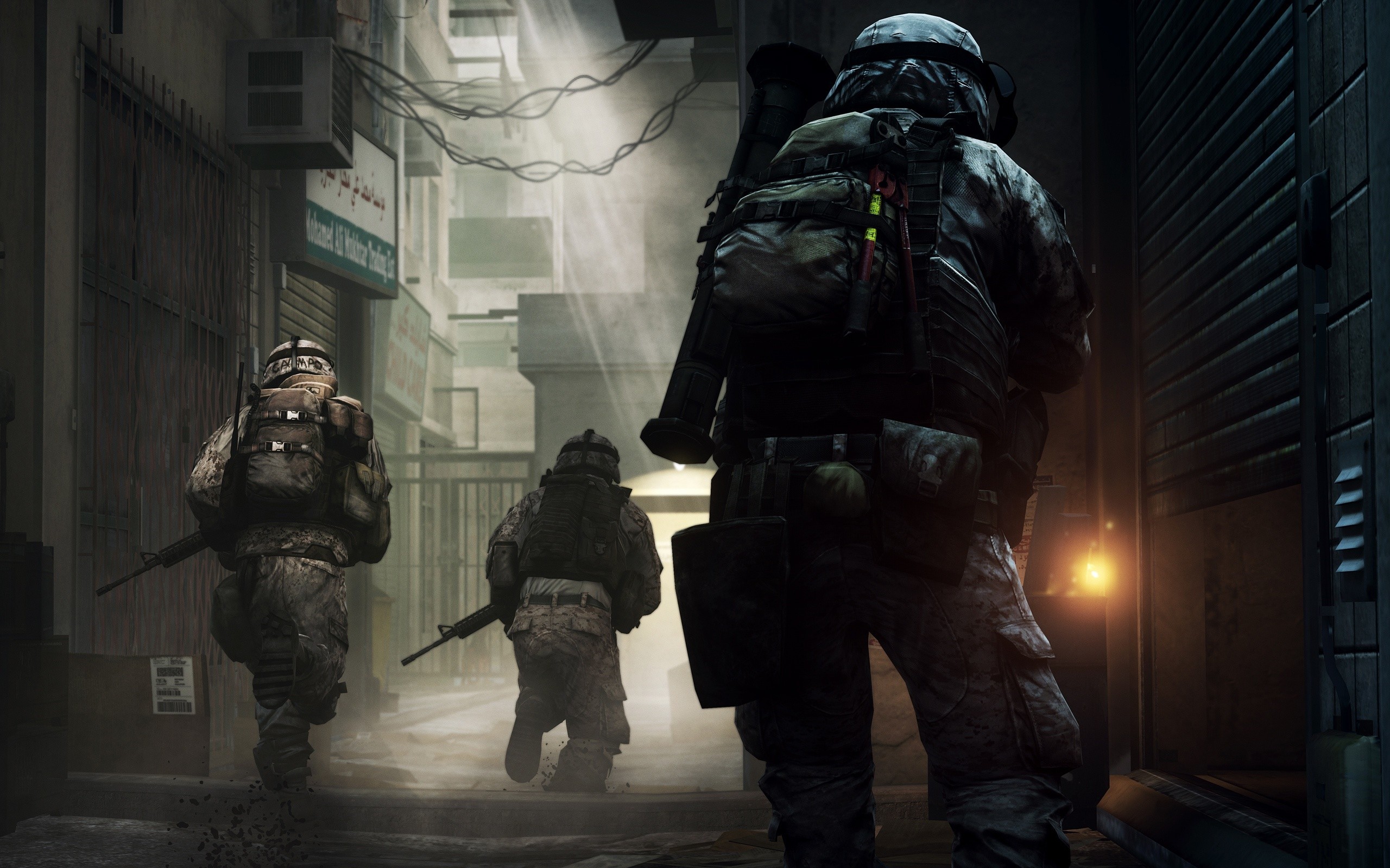 Soldiers in tactical gear in a war-torn alley HD Wallpaper