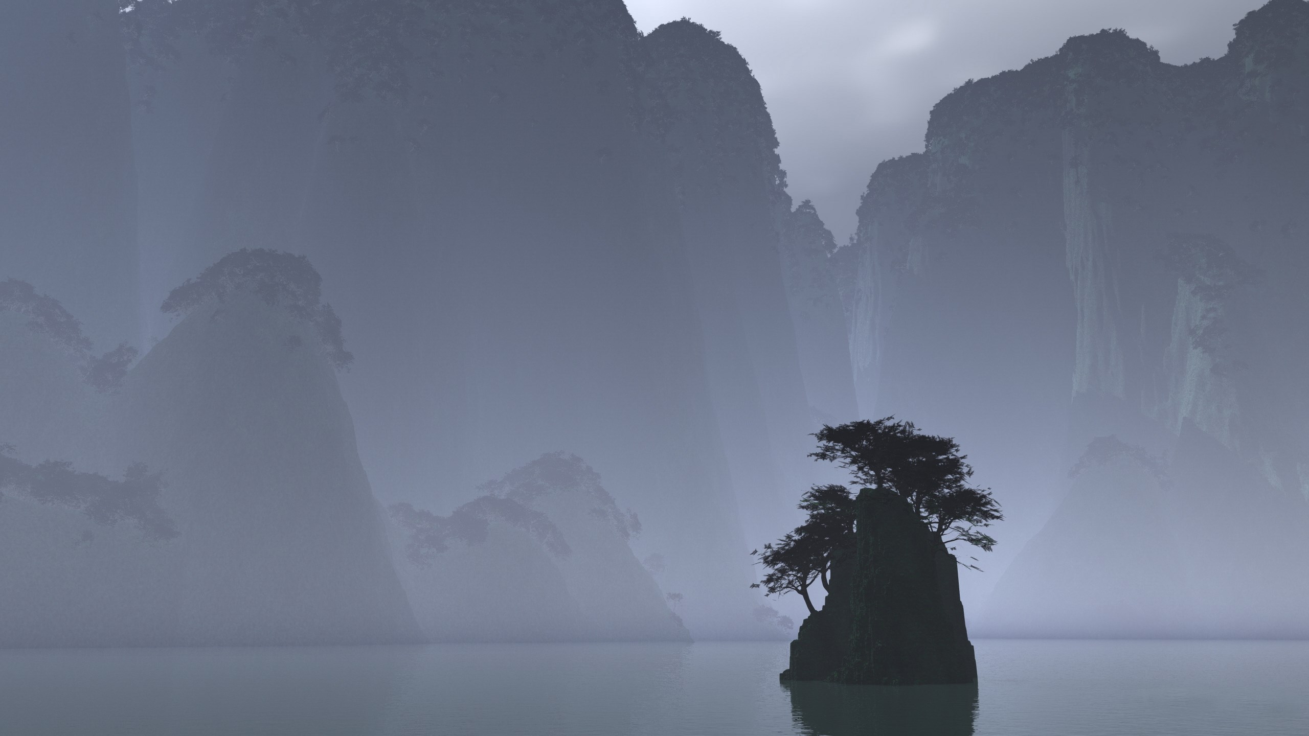 Misty mountains and a lone tree on a rock in the water HD Wallpaper