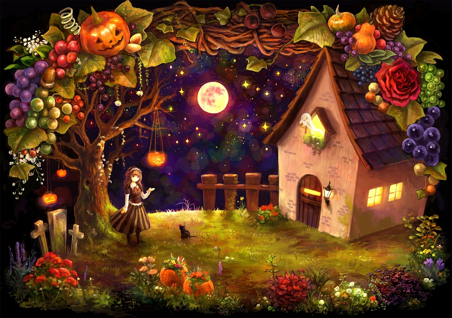 Halloween night with a girl, cat, and haunted house HD Wallpaper