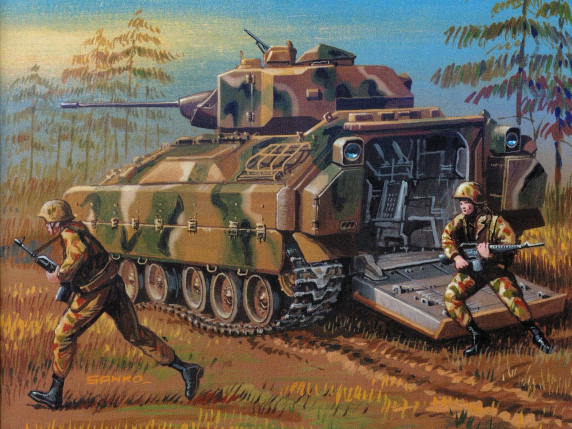 Painting of a military vehicle and soldiers HD Wallpaper